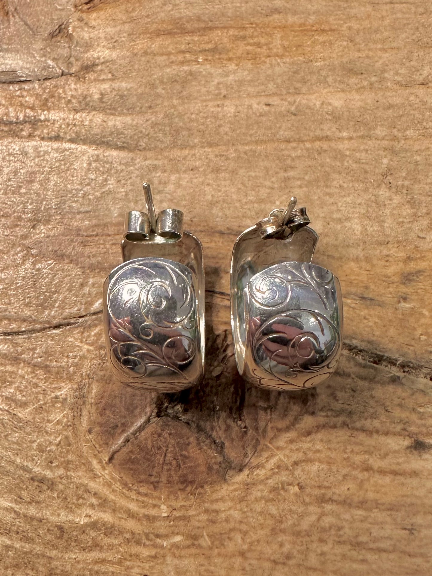 Vintage Engraved Chunky Hoops 925 Silver Earrings