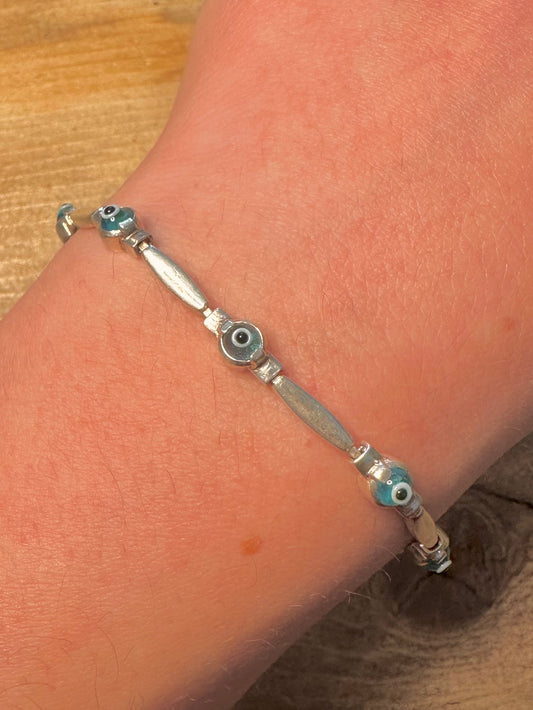 Vintage Evil Eye Bar Link 925 Silver 7.4 inch Bracelet