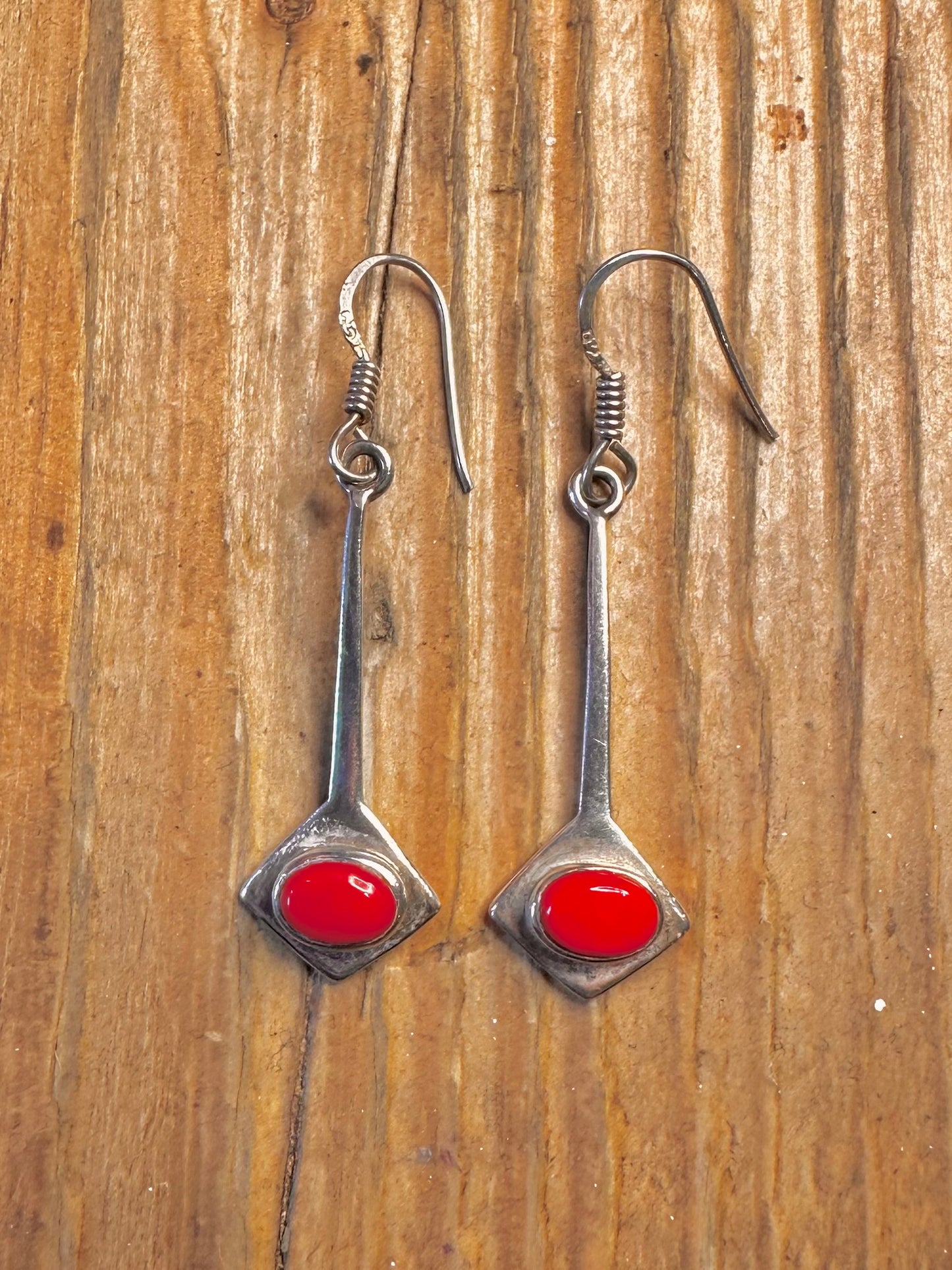 Red Oval Modernist Dangle 925 Sterling Silver Earrings