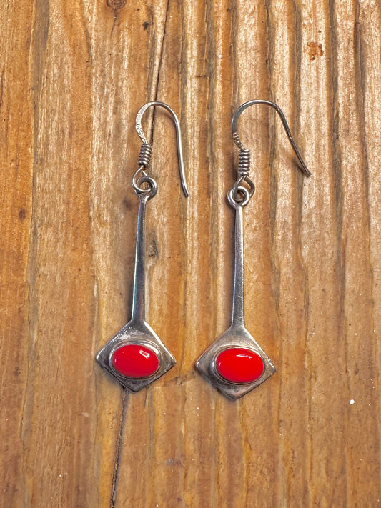 Red Oval Modernist Dangle 925 Sterling Silver Earrings