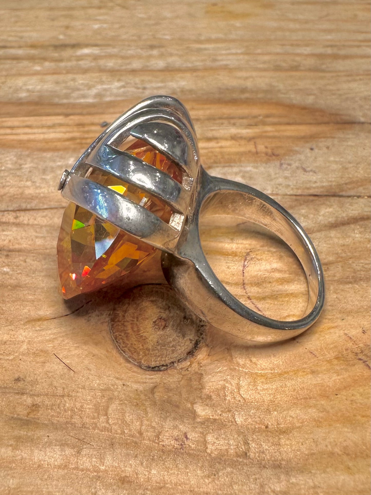 Modernist Large Faceted Citrine Spinning 925 Sterling Silver Size P1/2 Ring