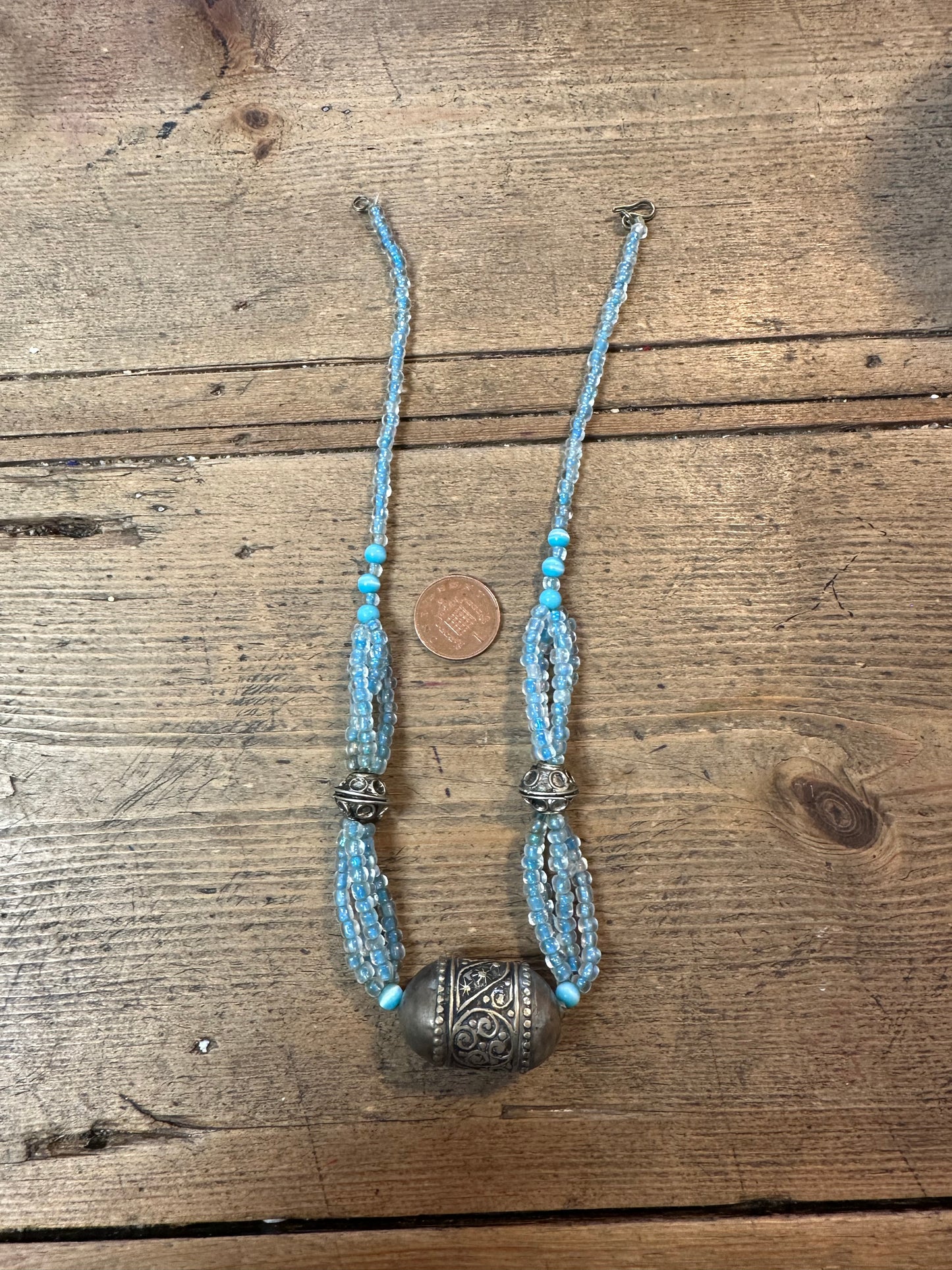 Vintage Boho Indian Blue Beads and Metal Costume Necklace