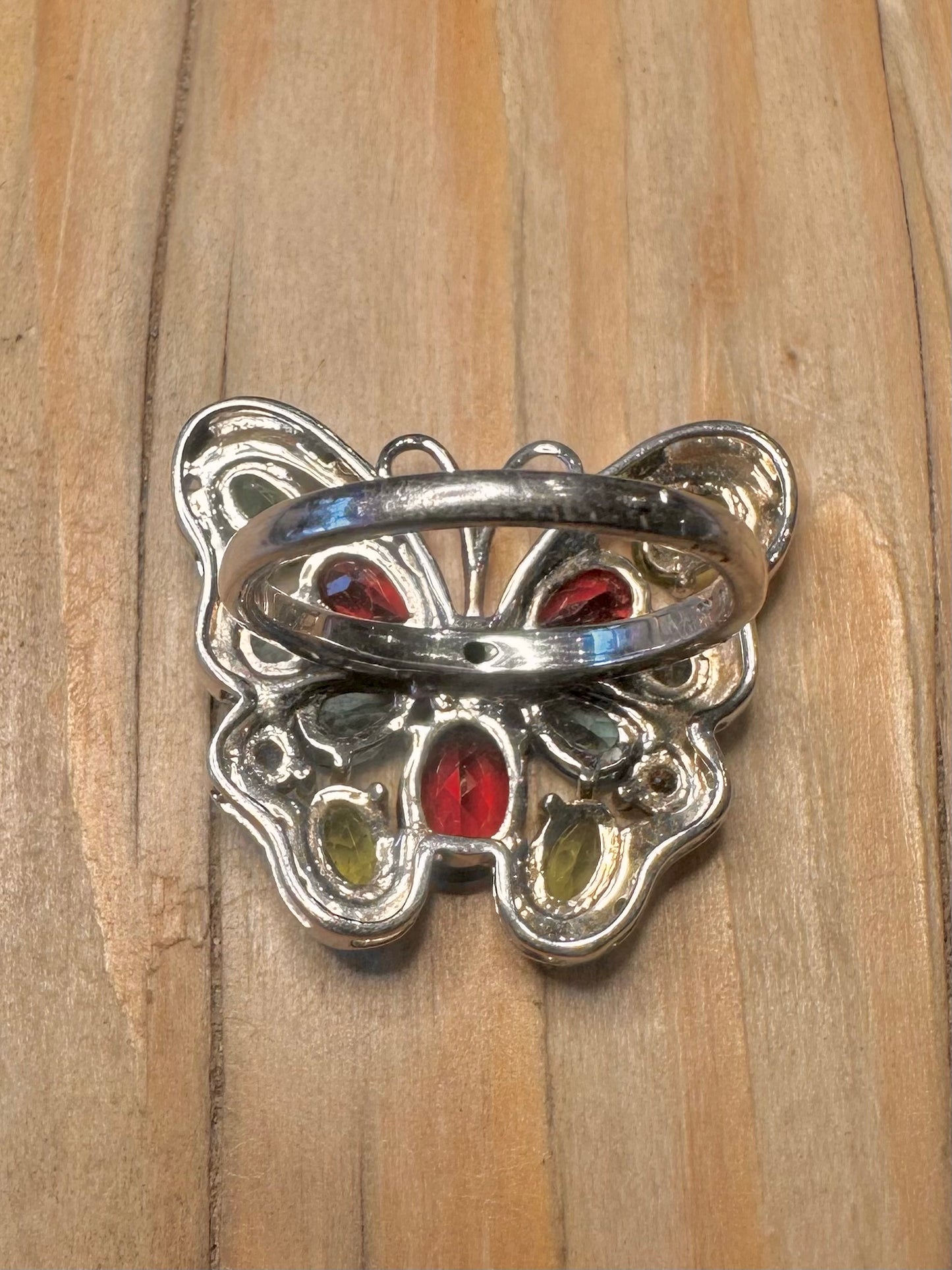 Modernist Multi Gemstone Butterfly 925 Silver Size R1/2 Ring