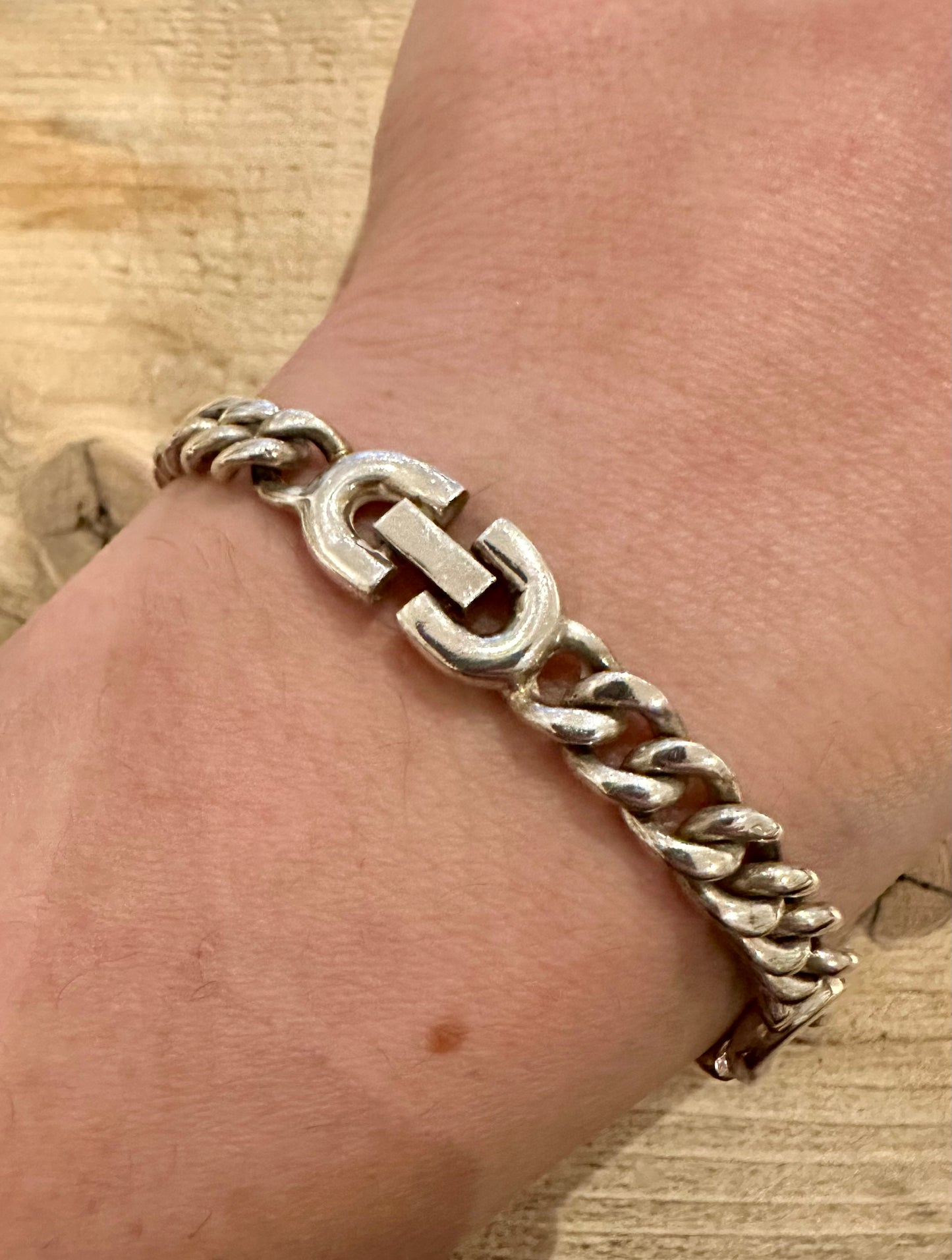 Vintage Unique Curb Chain T Bar Clasp 925 Silver 8 inch Bracelet