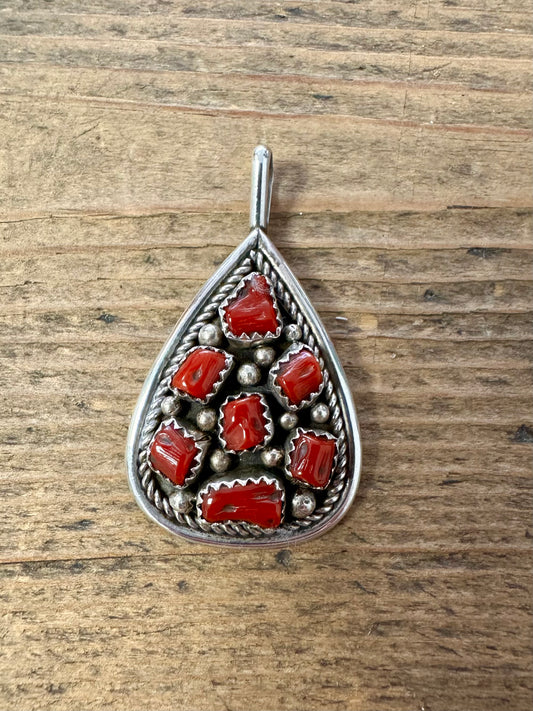 Vintage Navajo Irene Chiquito Coral 925 Sterling Silver Pendant