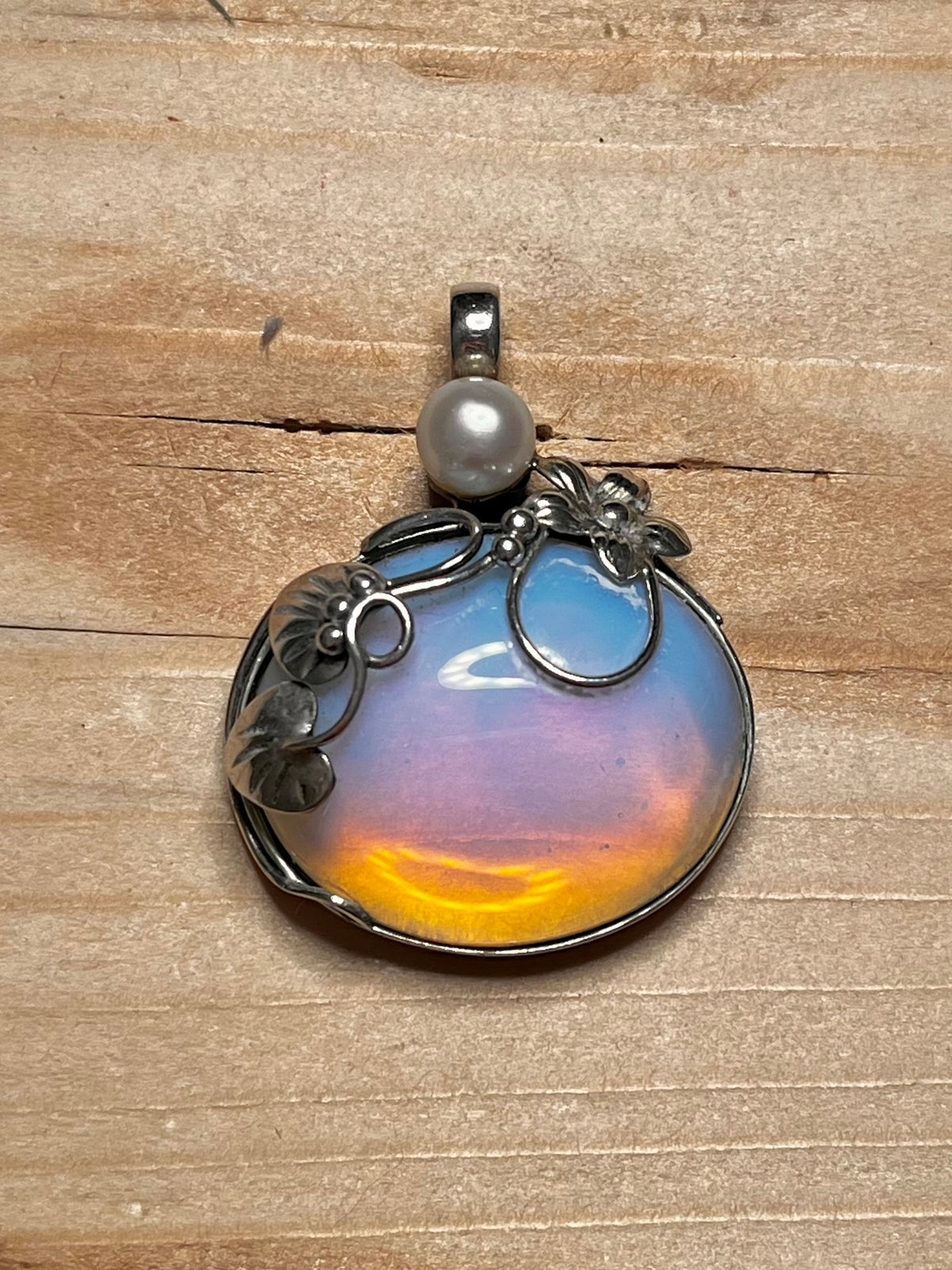 Opalite and Pearl Floral 925 Sterling Silver Pendant