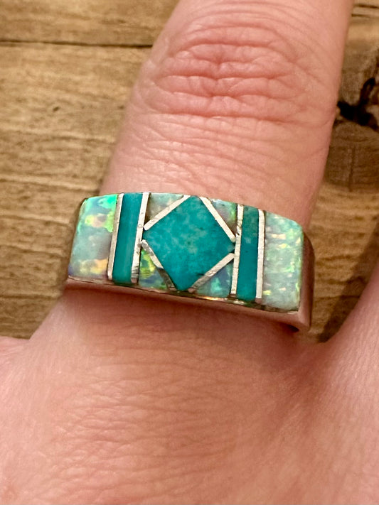 Vintage Opal and Turquoise Inlay 925 Silver Size V Ring