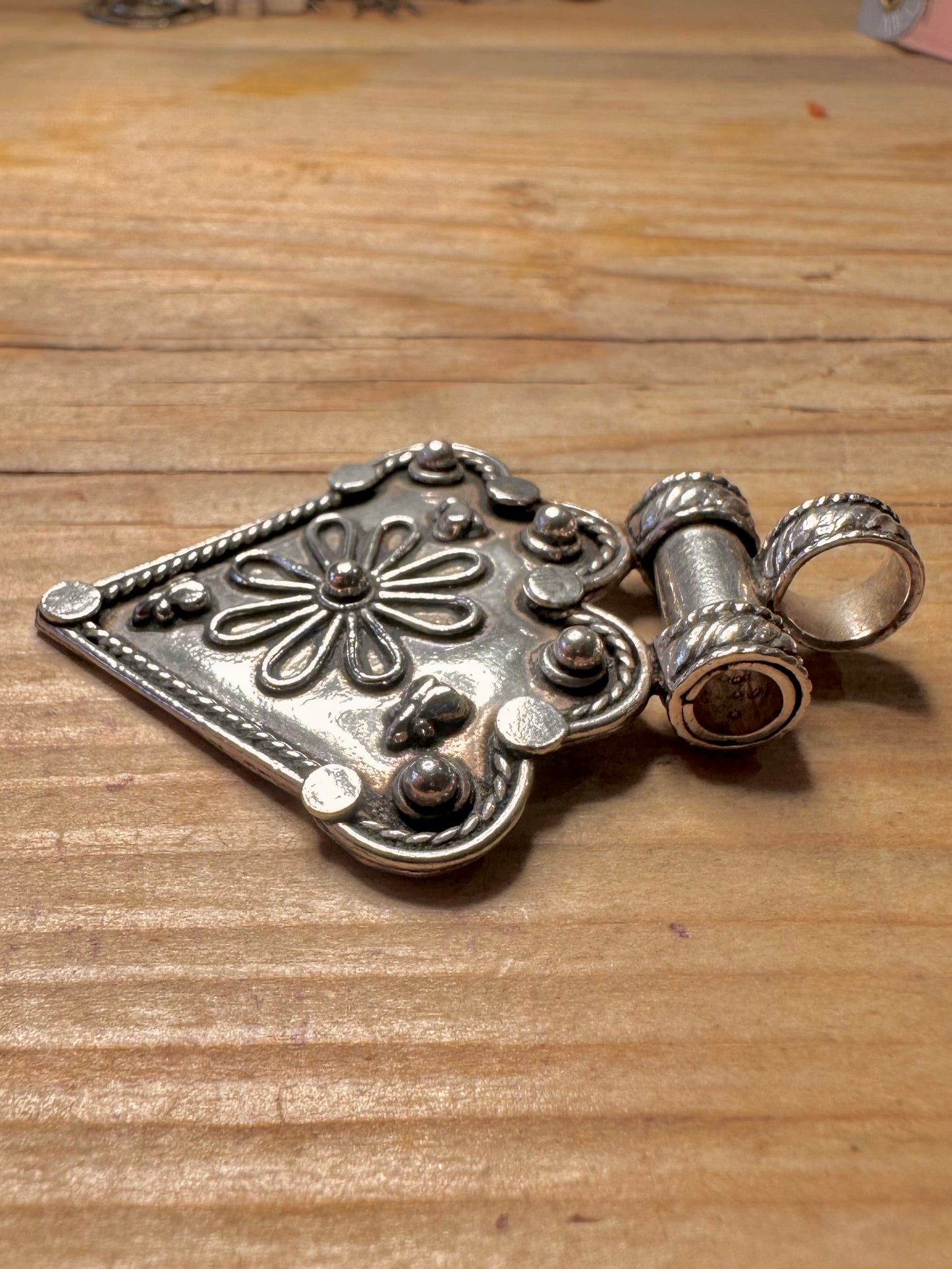 Vintage Tribal Triangle Floral 925 Sterling Silver Earrings