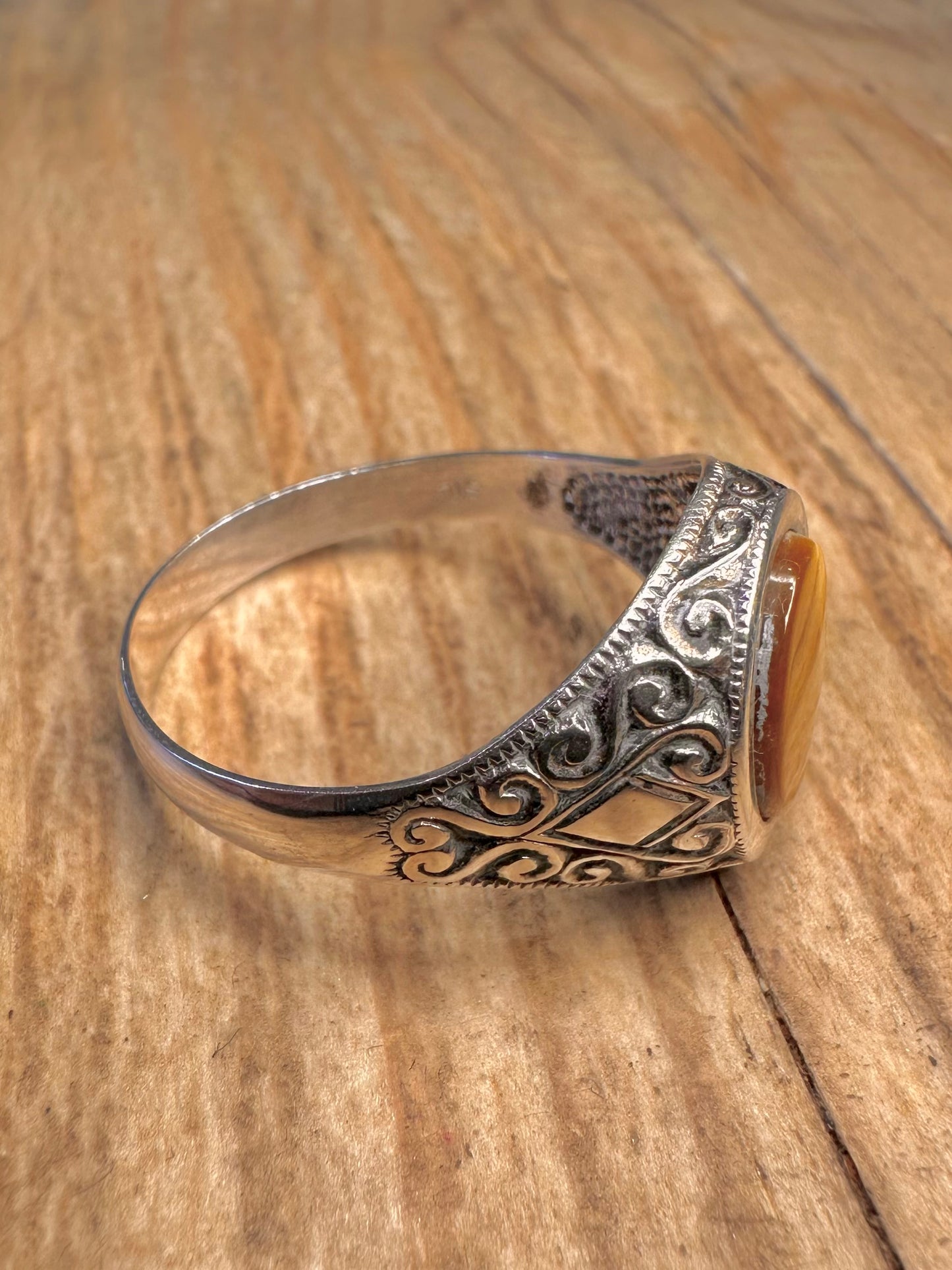 Vintage Tigers Eye Engraved Signet 925 Sterling Silver Size Z+3 1/2 Ring
