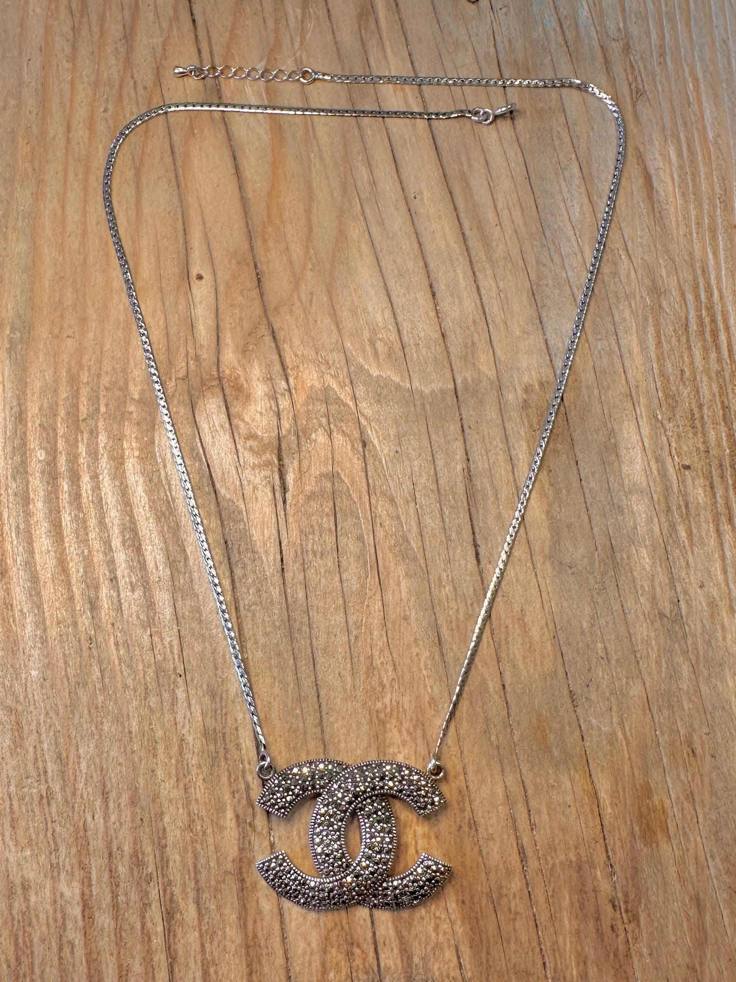 Vintage Channel Style Marcasite Flat Chain 925 Sterling Silver 18.5 to 19.4 inch Necklace