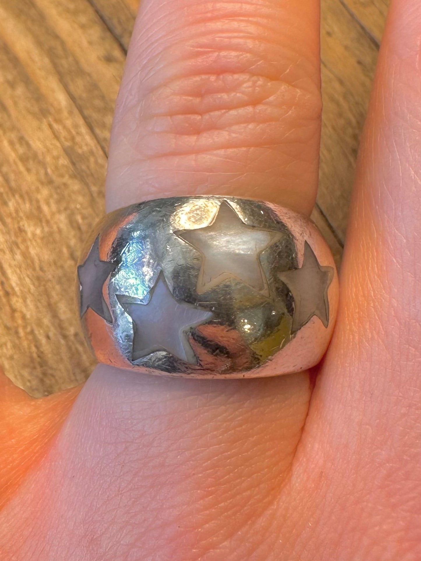 Mother of Pearl Stars Dome 925 Sterling Silver Size O1/2 Ring