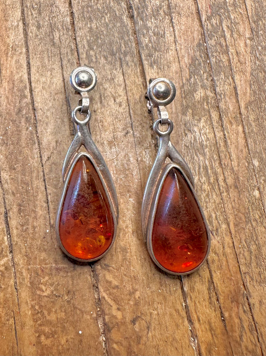 Amber Teardrop Shaped 925 Sterling Silver Earrings