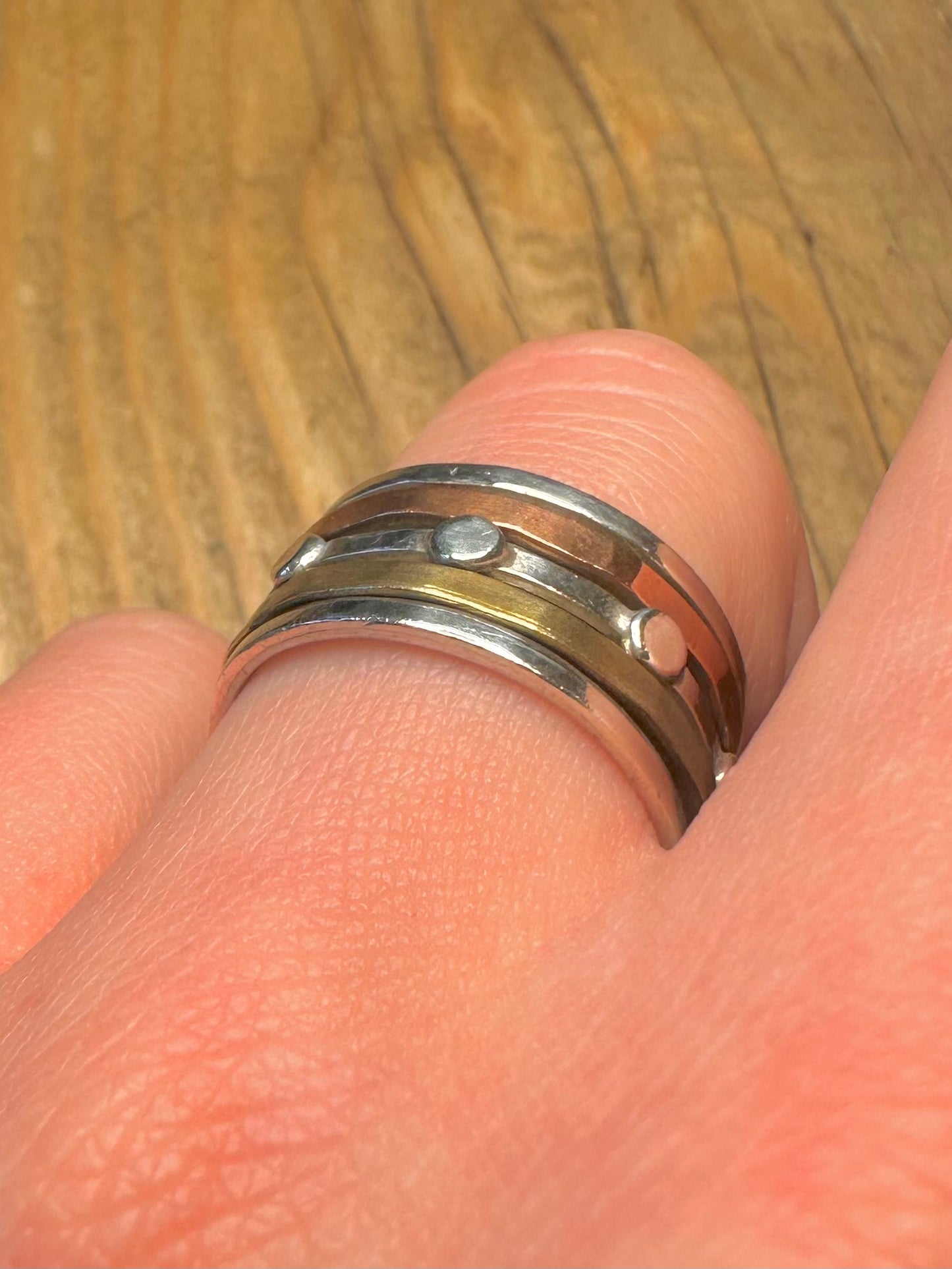 Vintage Copper and Brass Chunky Spinner 925 Sterling Silver Size R1/2 Ring