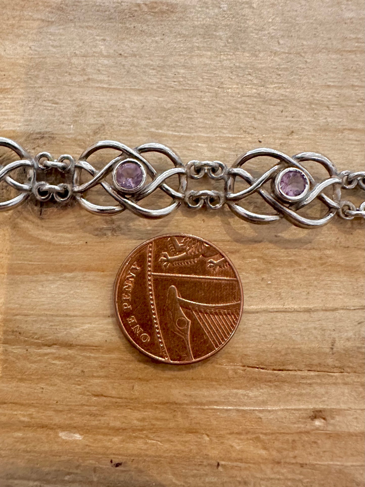 Vintage Celtic Knot Amethyst 925 Silver 7.3 inch Bracelet