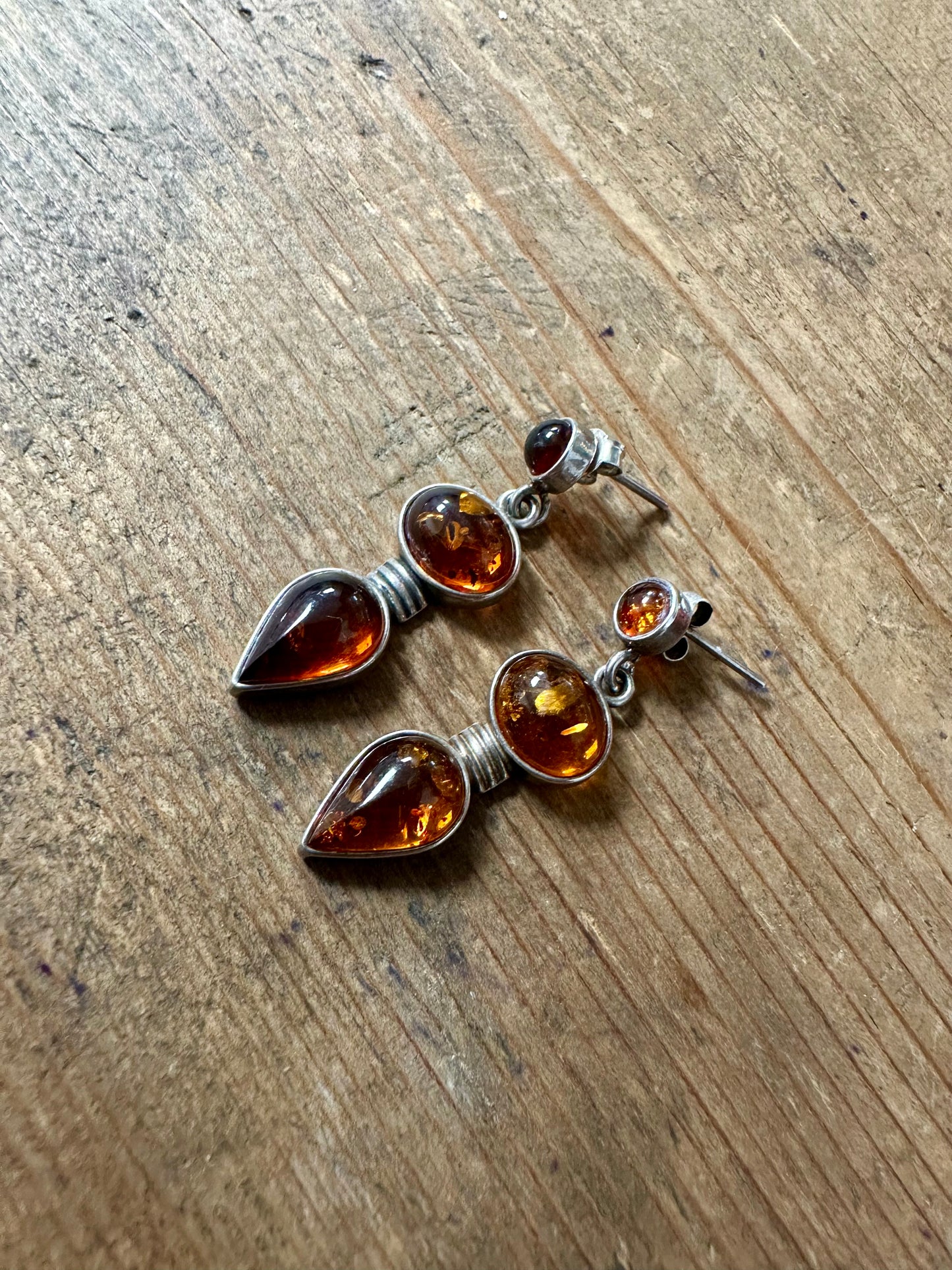 Vintage Amber Dangle 925 Silver Earrings