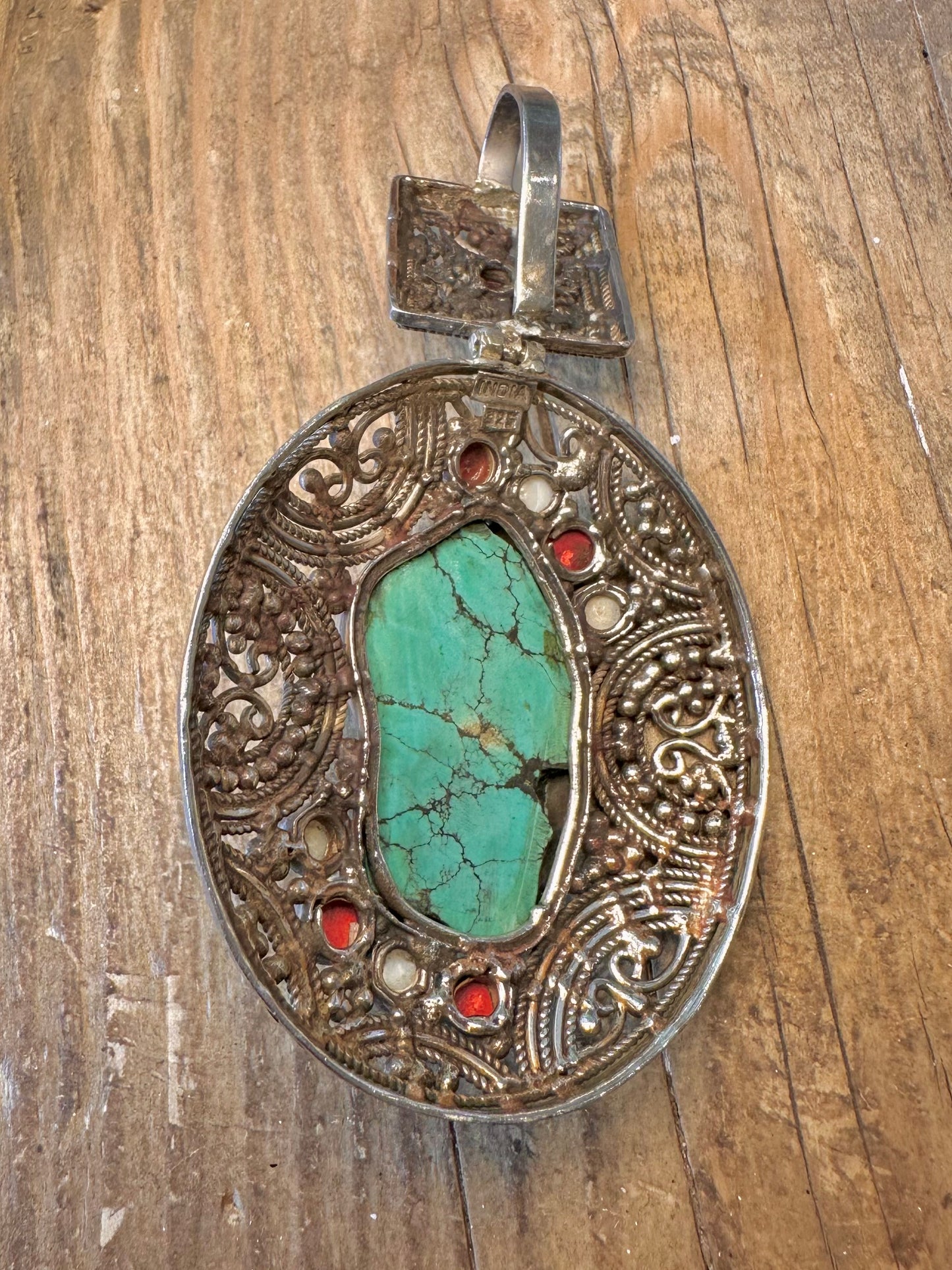 Large Turquoise Coral Amethyst and Pearl Indian Ornate 925 Sterling Silver Pendant