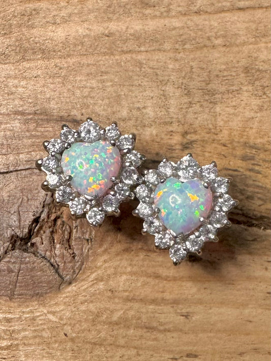 Modernist Opal and CZ Heart Shaped 925 Silver Stud Earrings