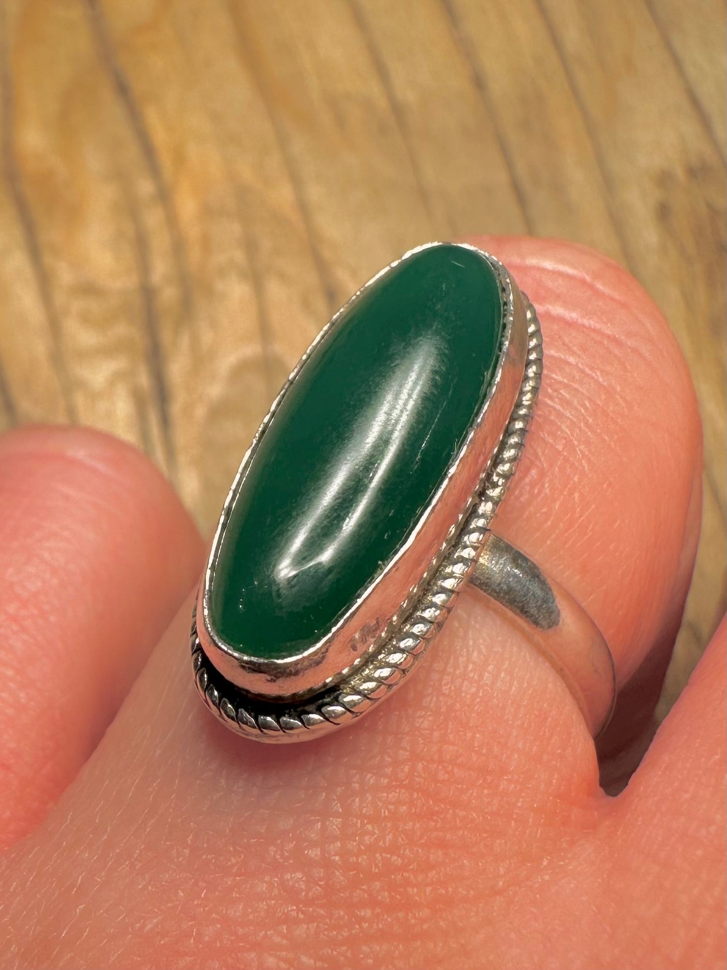 Vintage Green Elongated 925 Sterling Silver Size P Ring