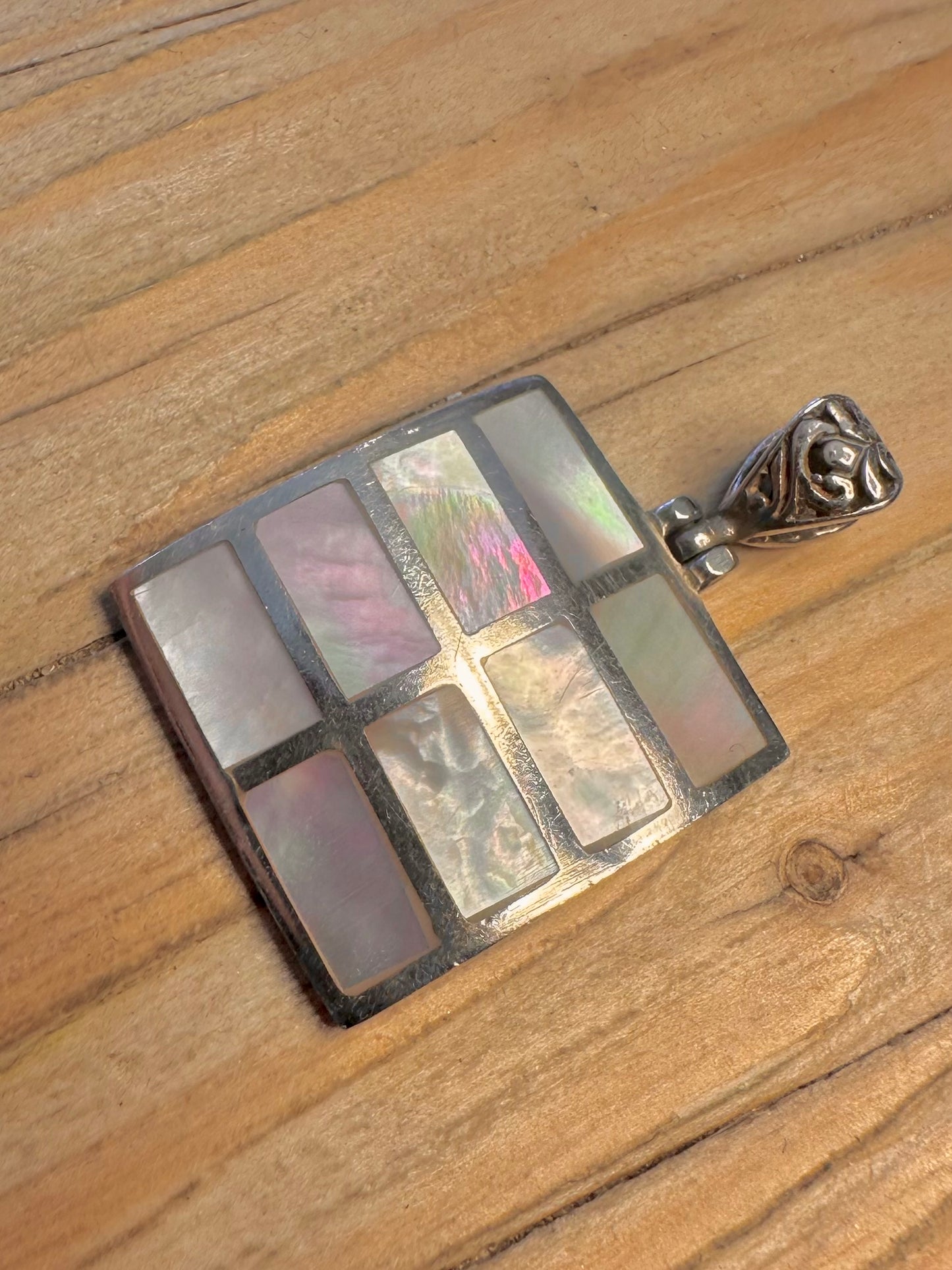 Modernist Mother of Pearl Rectangle 925 Sterling Silver Pendant