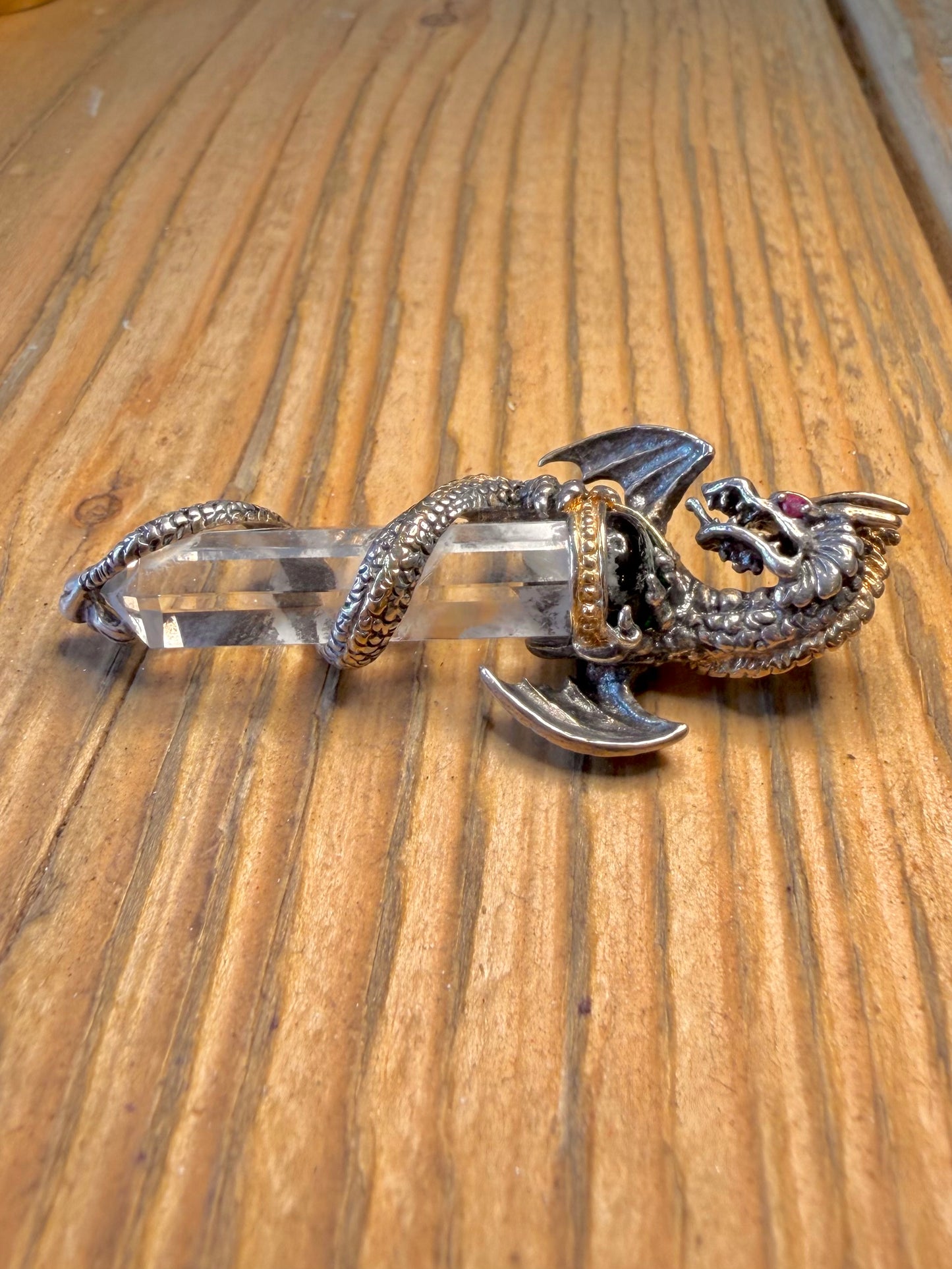 Dragon Coiled Around Clear Quarts 925 Sterling Silver Pendant