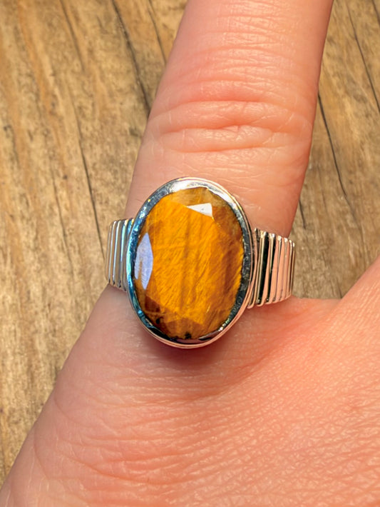 Tigers Eye Faceted Textured 925 Sterling Silver Size O Ring
