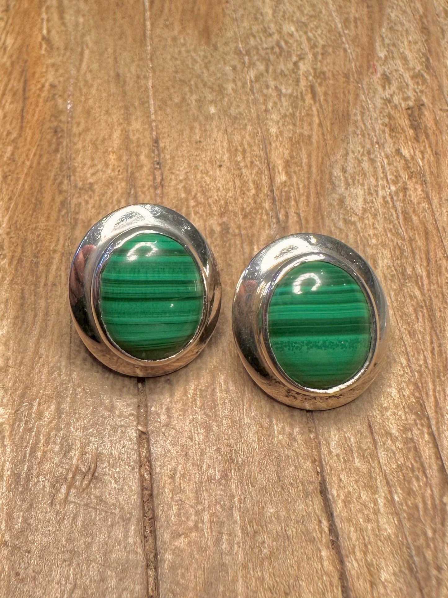 Vintage Malachite Oval Stud 925 Sterling Silver Earrings