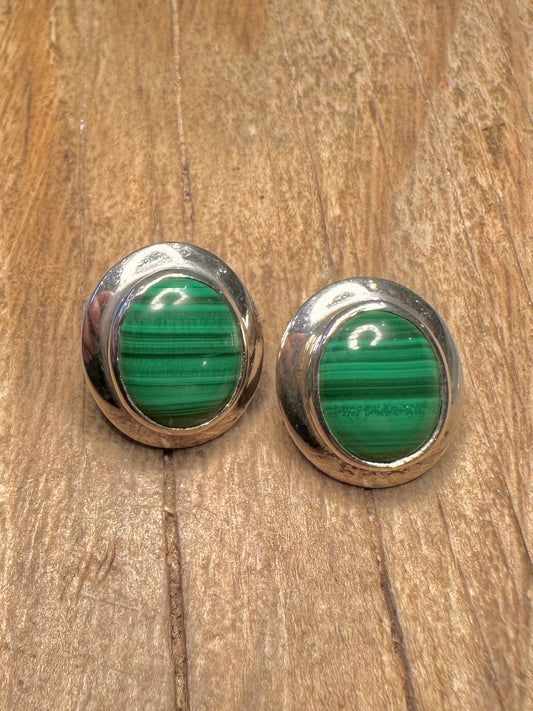 Vintage Malachite Oval Stud 925 Sterling Silver Earrings