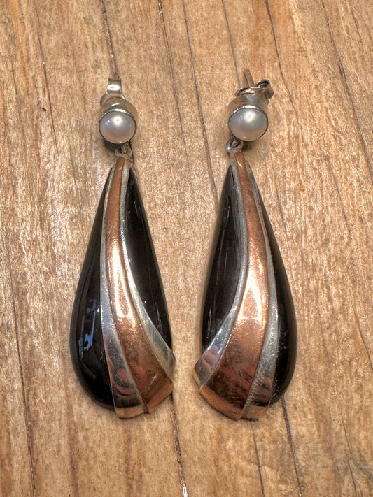 Abstract Onyx Pearl Rose Gold on 925 Sterling Silver Earrings