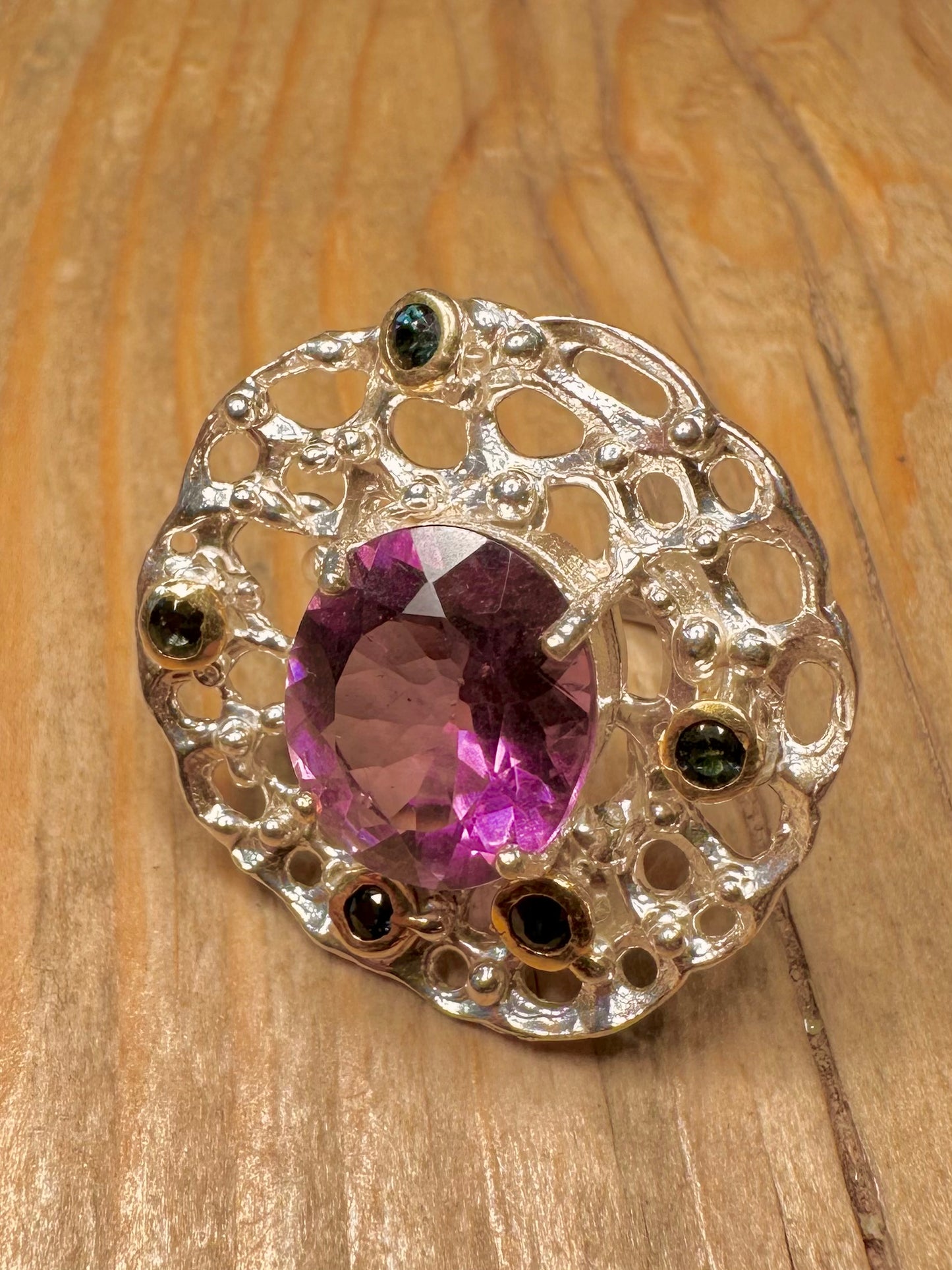 Modernist Abstract Purple Amethyst and Dark Blue Stone 925 Sterling Silver Size O Ring