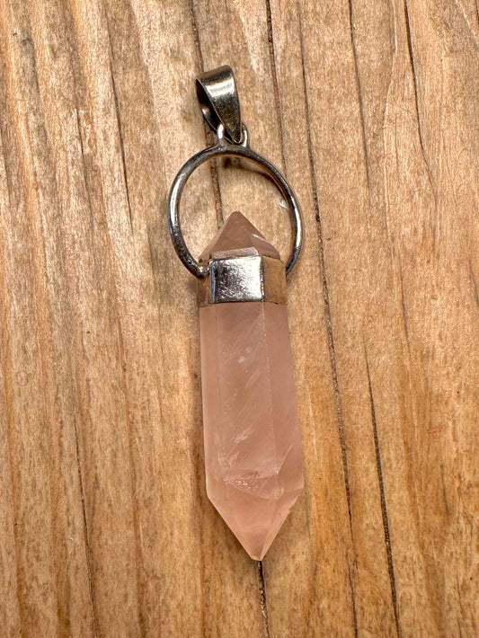 Vintage Rose Quarts Pillar 925 Sterling Silver Pendant