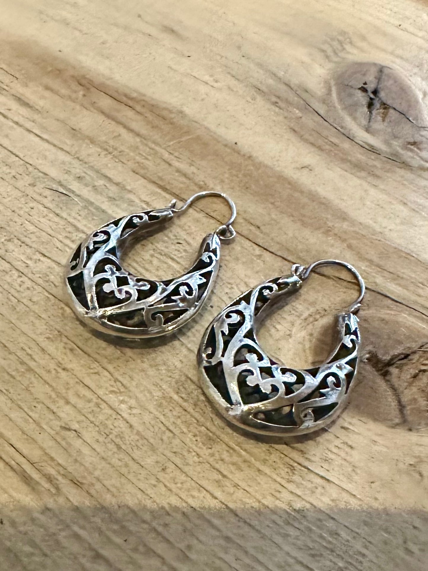 Vintage Filigree Drop Hoop 925 Silver Earrings