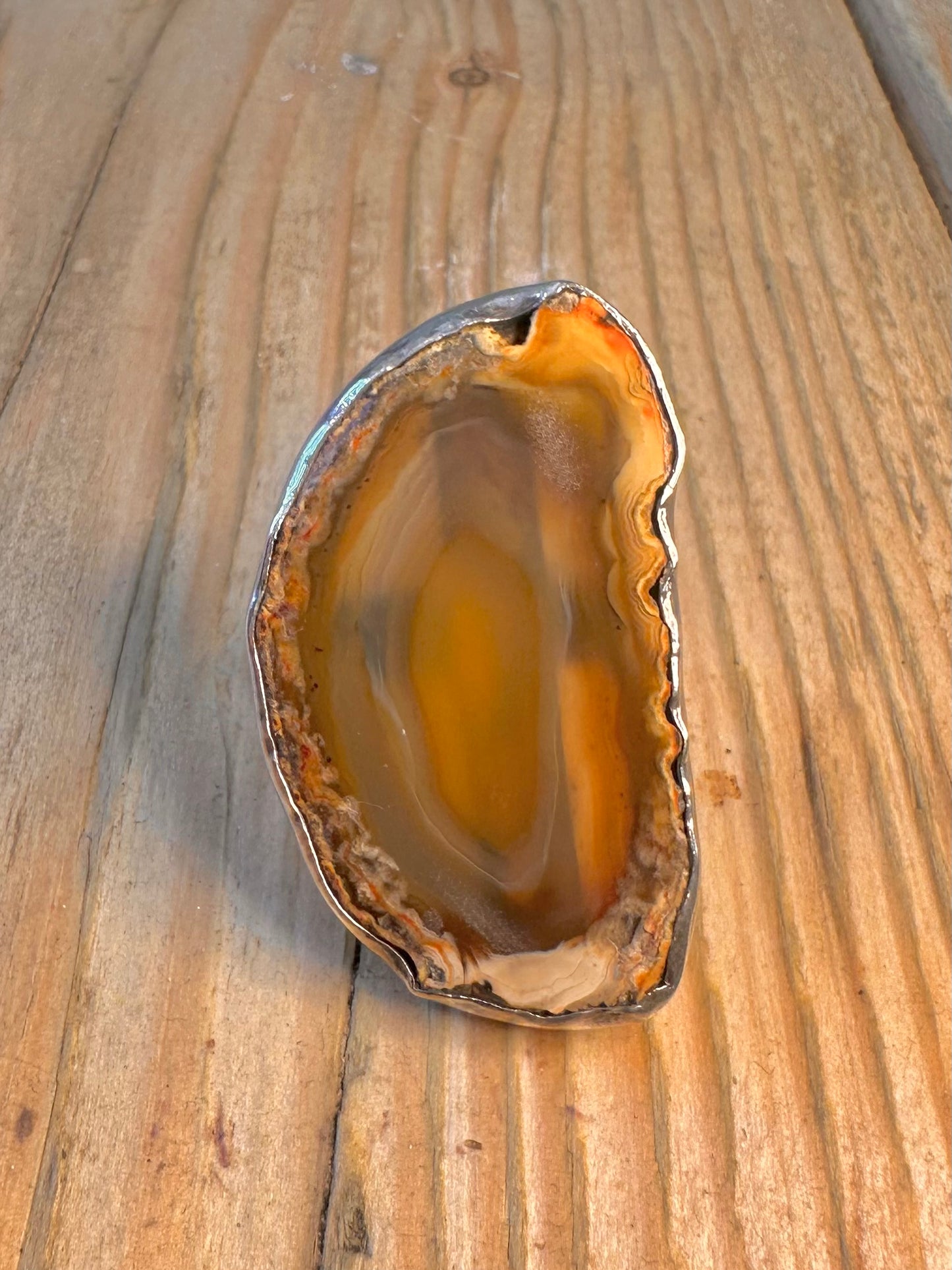 Sliced Polished Agate 925 Sterling Silver Size O Adjustable Ring