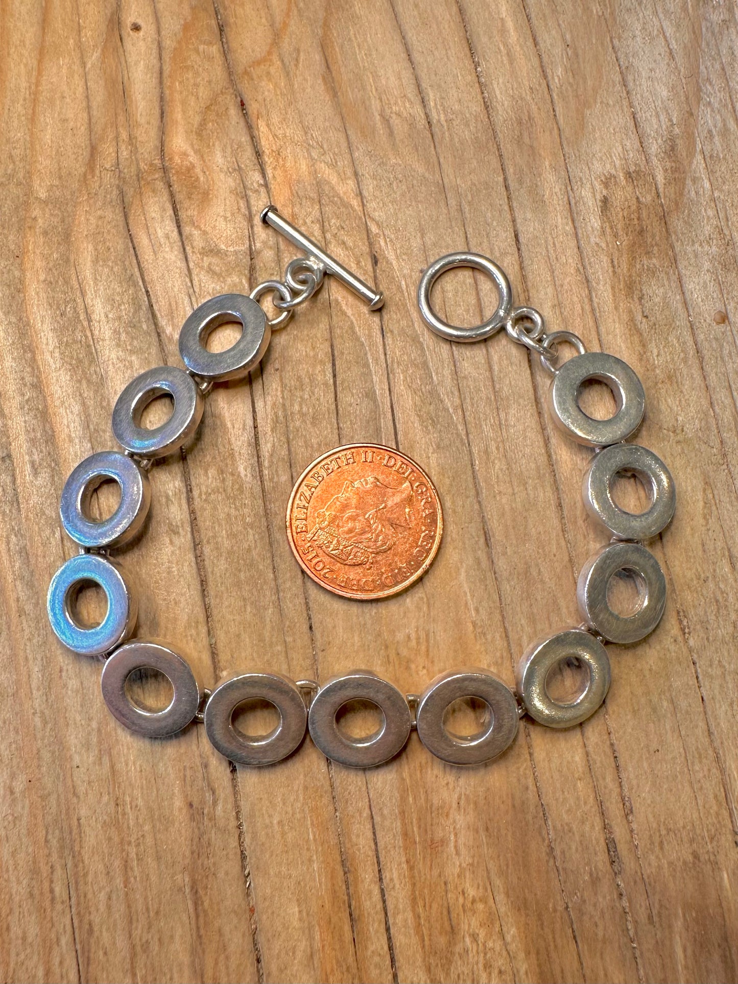 Abstract Heavy Circle Link T Bar 925 Sterling Silver 7.4 inch Bracelet