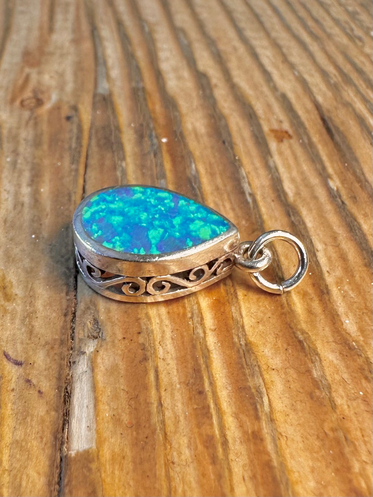 Blue Opal Teardrop Swirl Mount 925 Sterling Silver Pendant