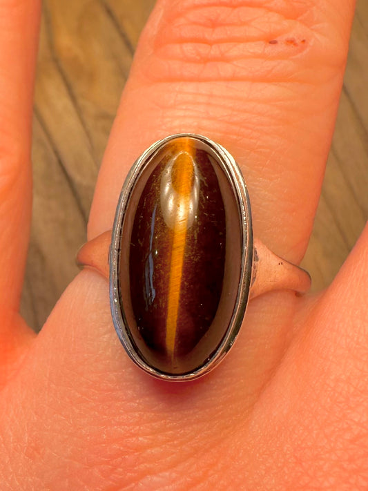 Vintage Tigers Eye Oval 925 Sterling Silver Size Q1/2 Ring