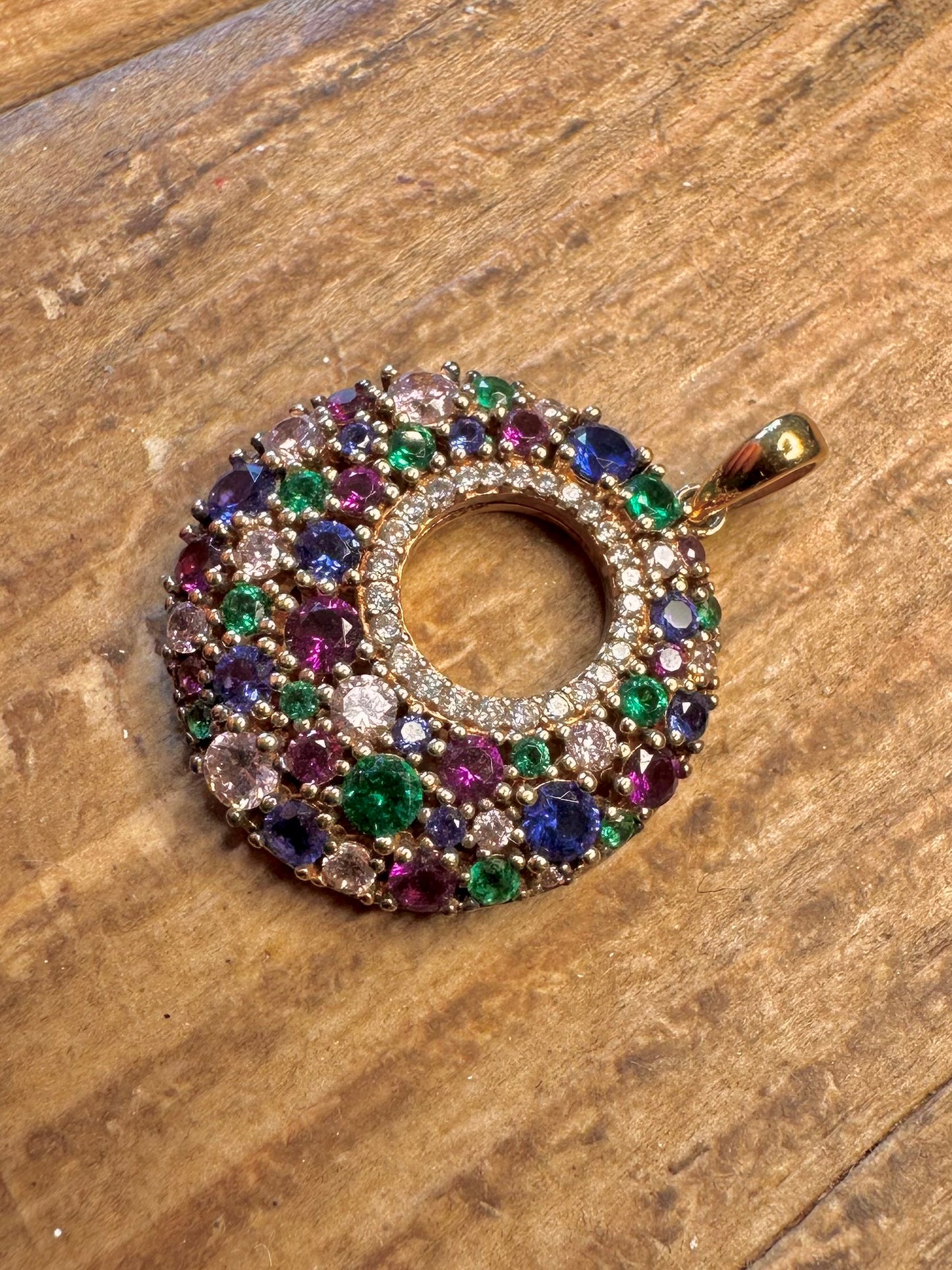 Multi Coloured Stone Circle Gold on 925 Sterling Silver Pendant