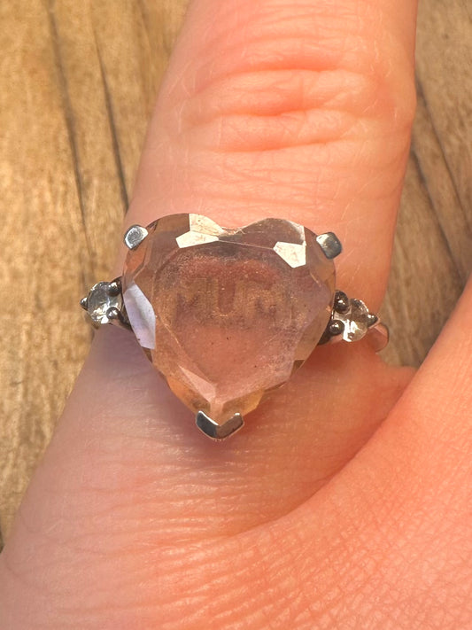 Vintage Mum Pink Heart Stone 925 Sterling Silver Size M1/2 Ring