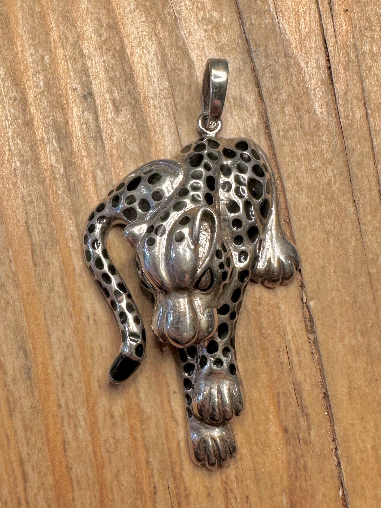 Vintage Leopard Black Enamel 925 Sterling Silver Pendant