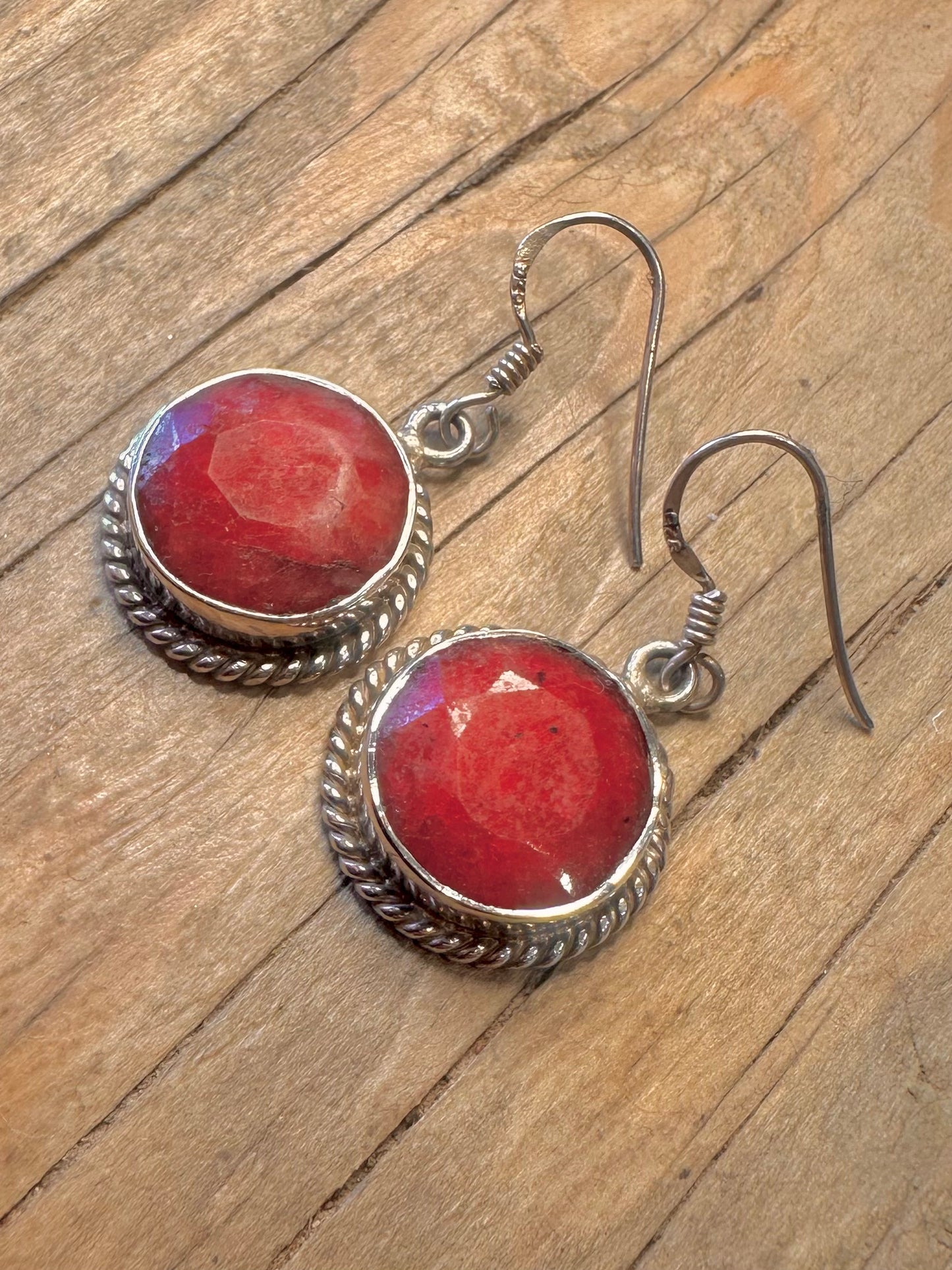 Vintage Red Ruby Stones Braided Bezel 925 Sterling Silver Earrings