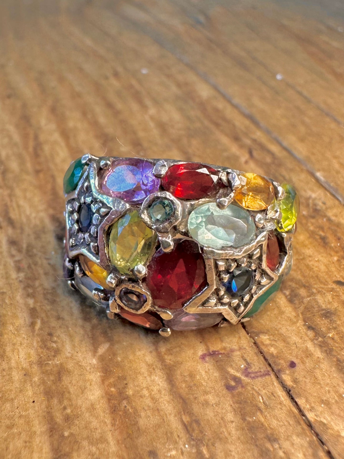 Multi Gemstone Star Dome 925 Sterling Silver Size N Ring