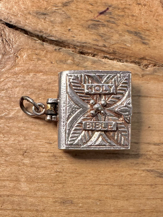 Vintage Holy Bible Book with Paper 925 Silver Charm Pendant