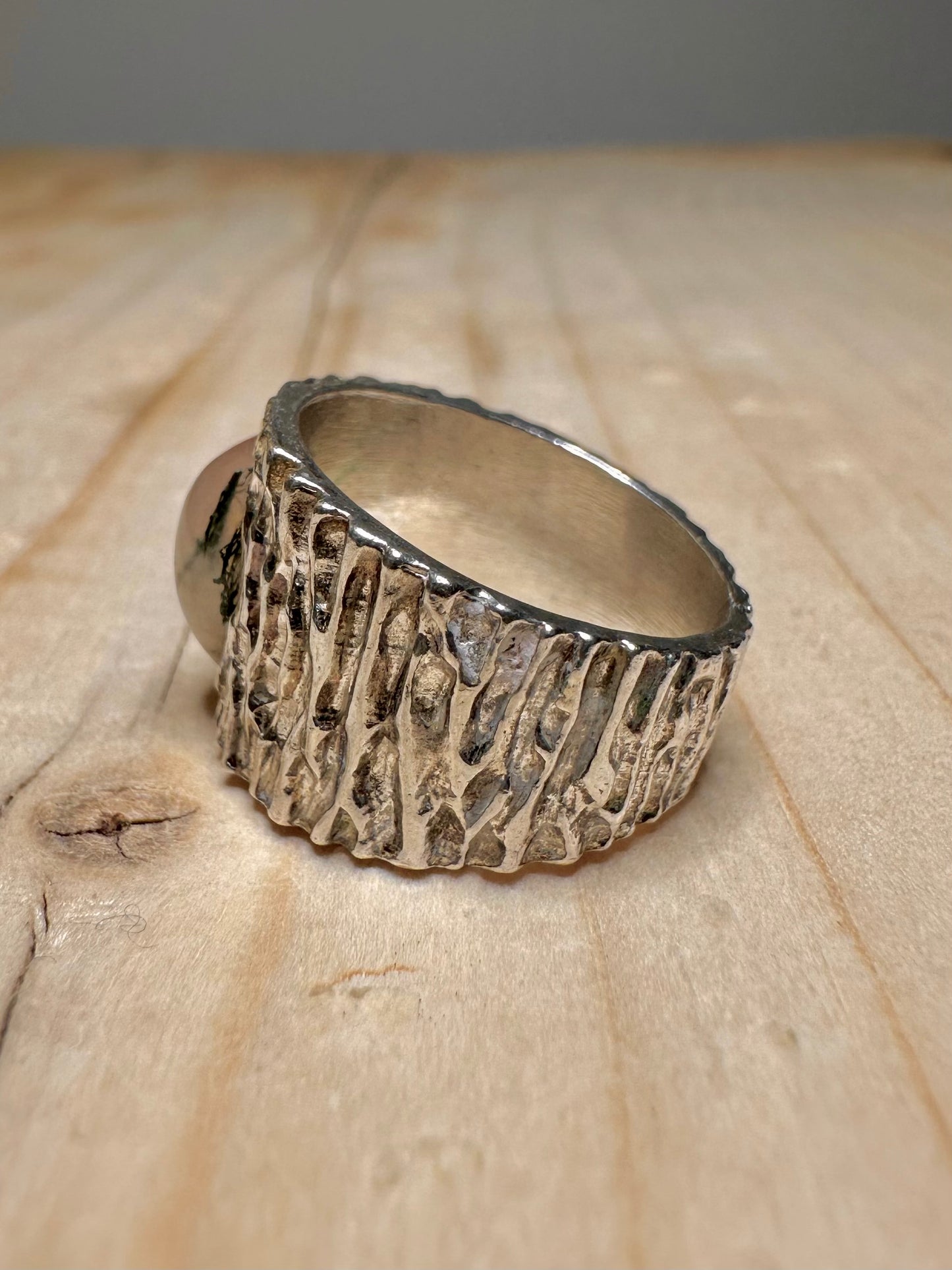 Moss Agate Bark Effect 925 Sterling Silver Size J Ring