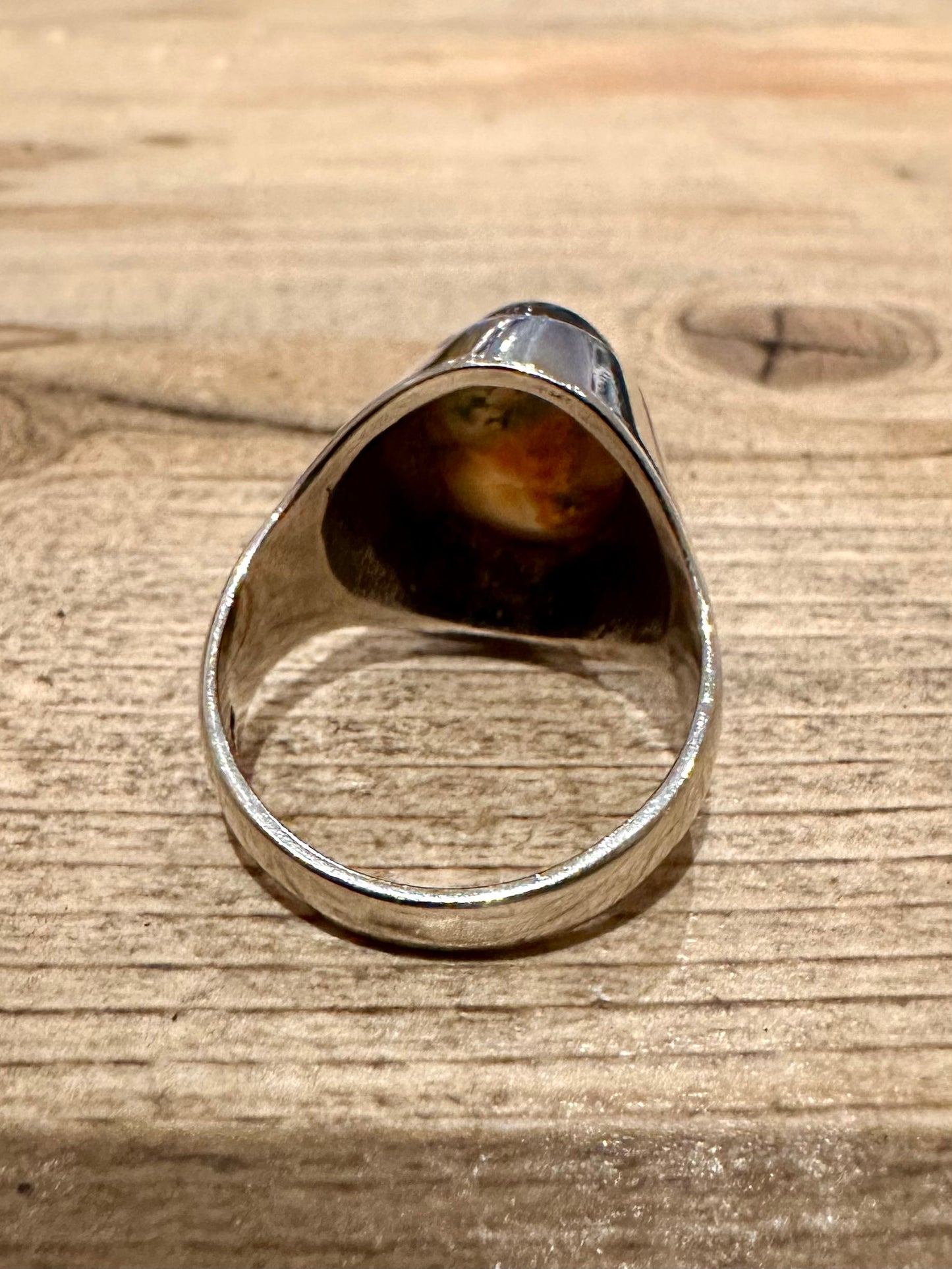 Vintage 1977 Moss Agate 925 Silver R Ring