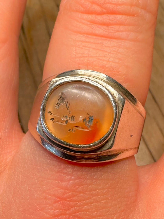Vintage Horse Agate Intaglio Signet 925 Sterling Silver Size U Ring