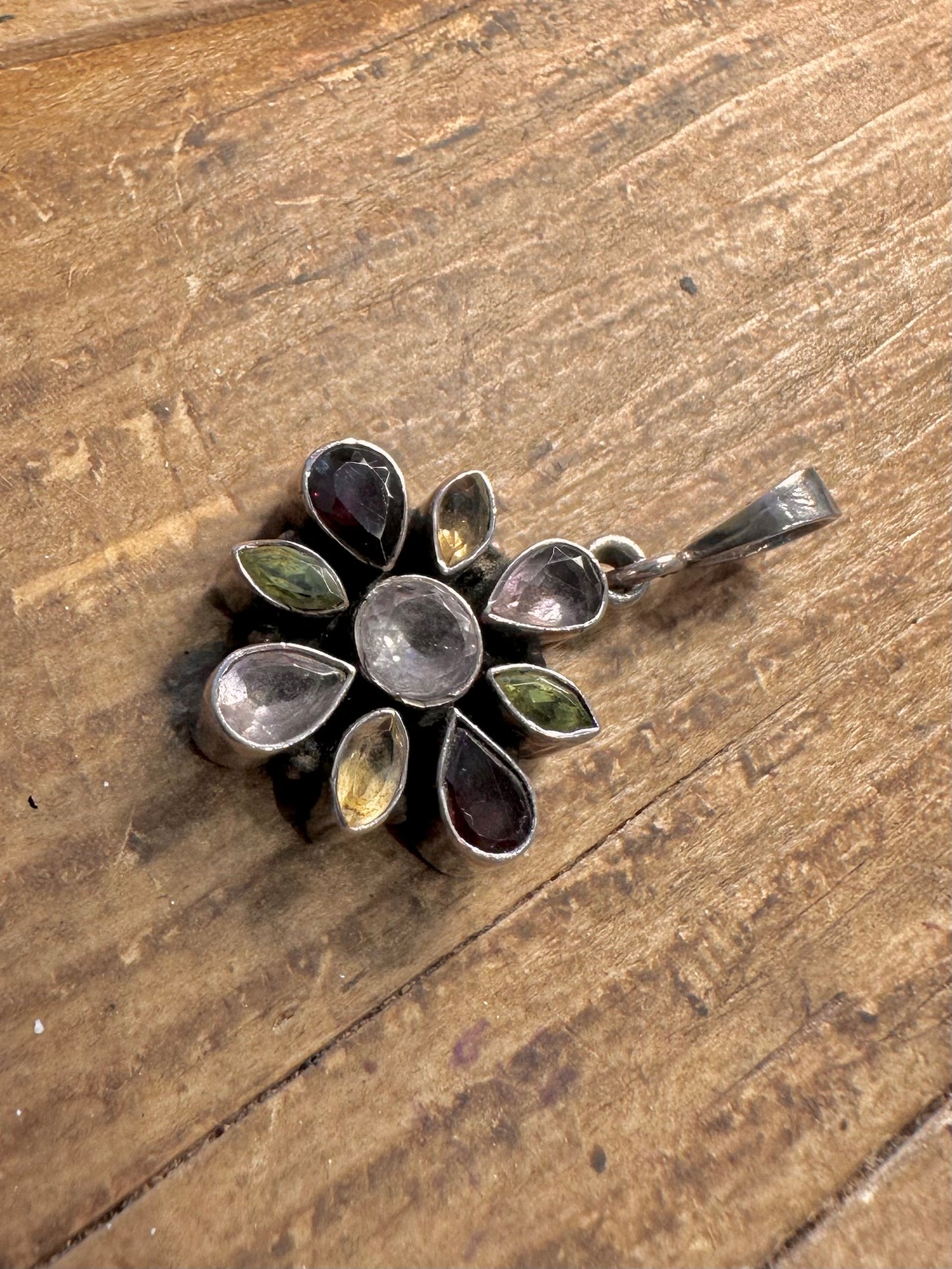 Multi Gemstone Floral 925 Sterling Silver Pendant