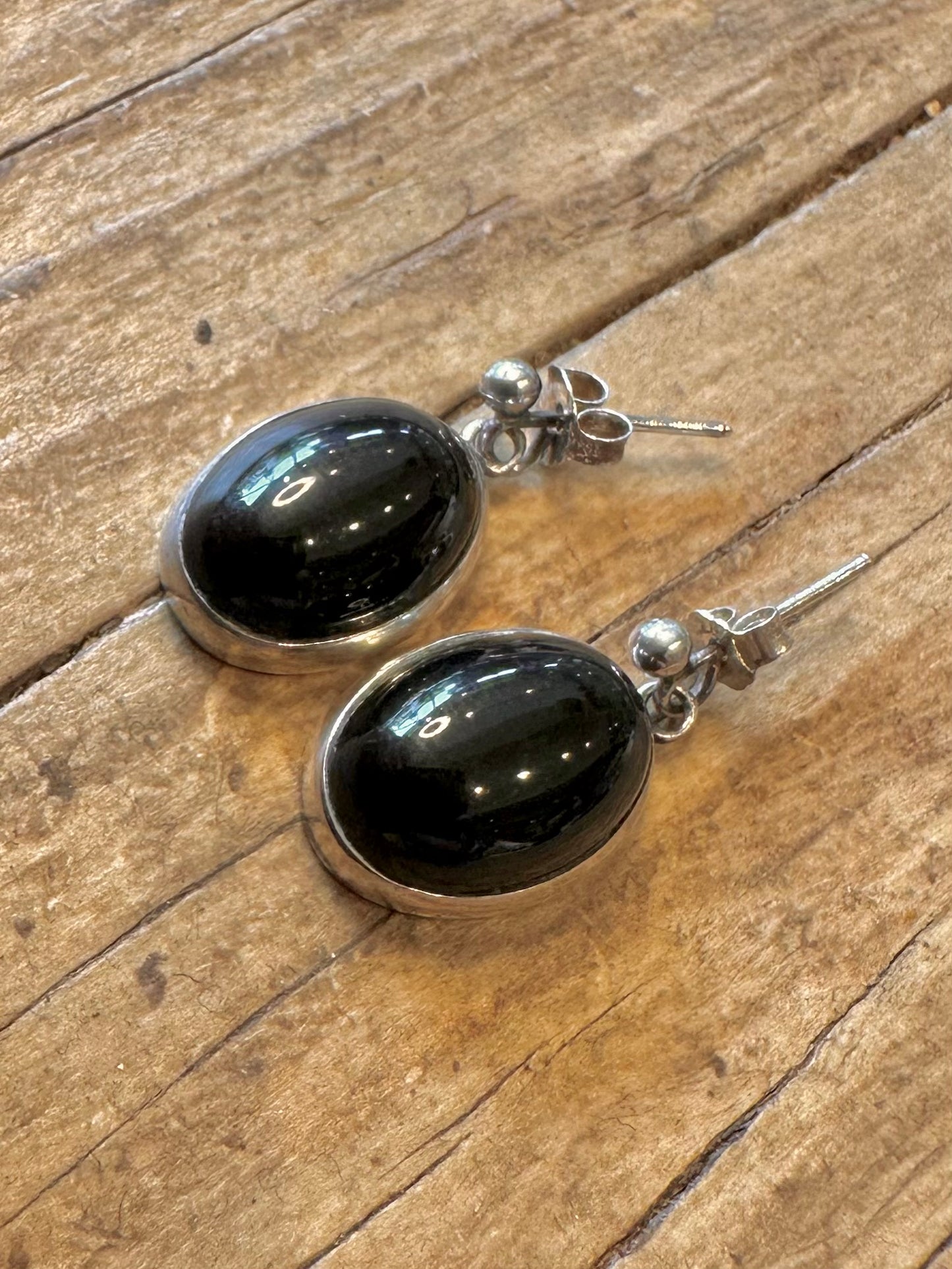 Black Oval Onyx 925 Sterling Silver Earrings
