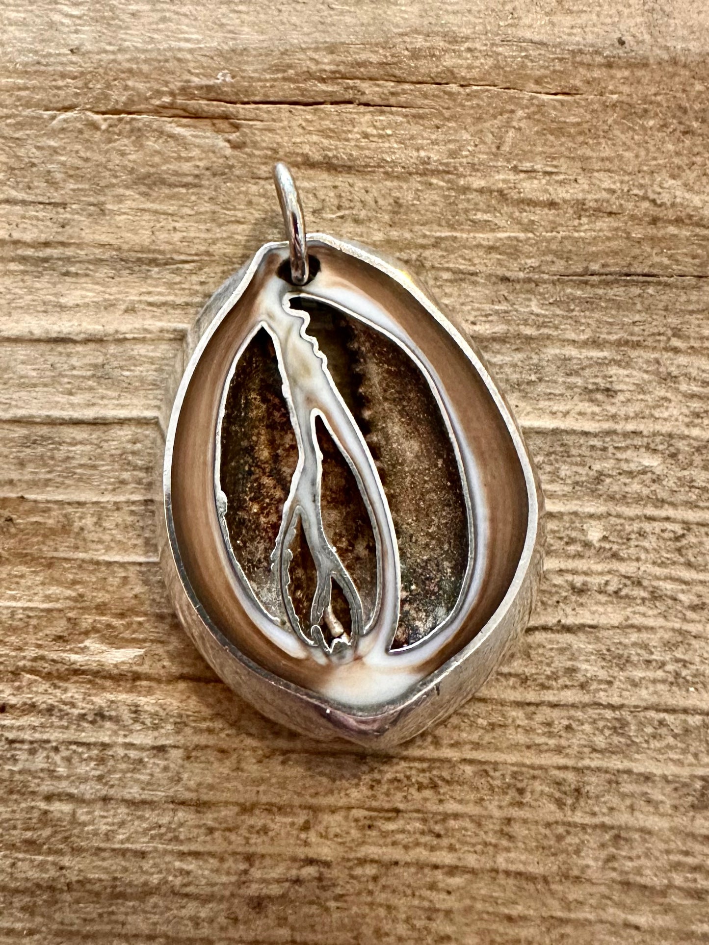 Vintage Natural Cowrie Shell 925 Silver Pendant