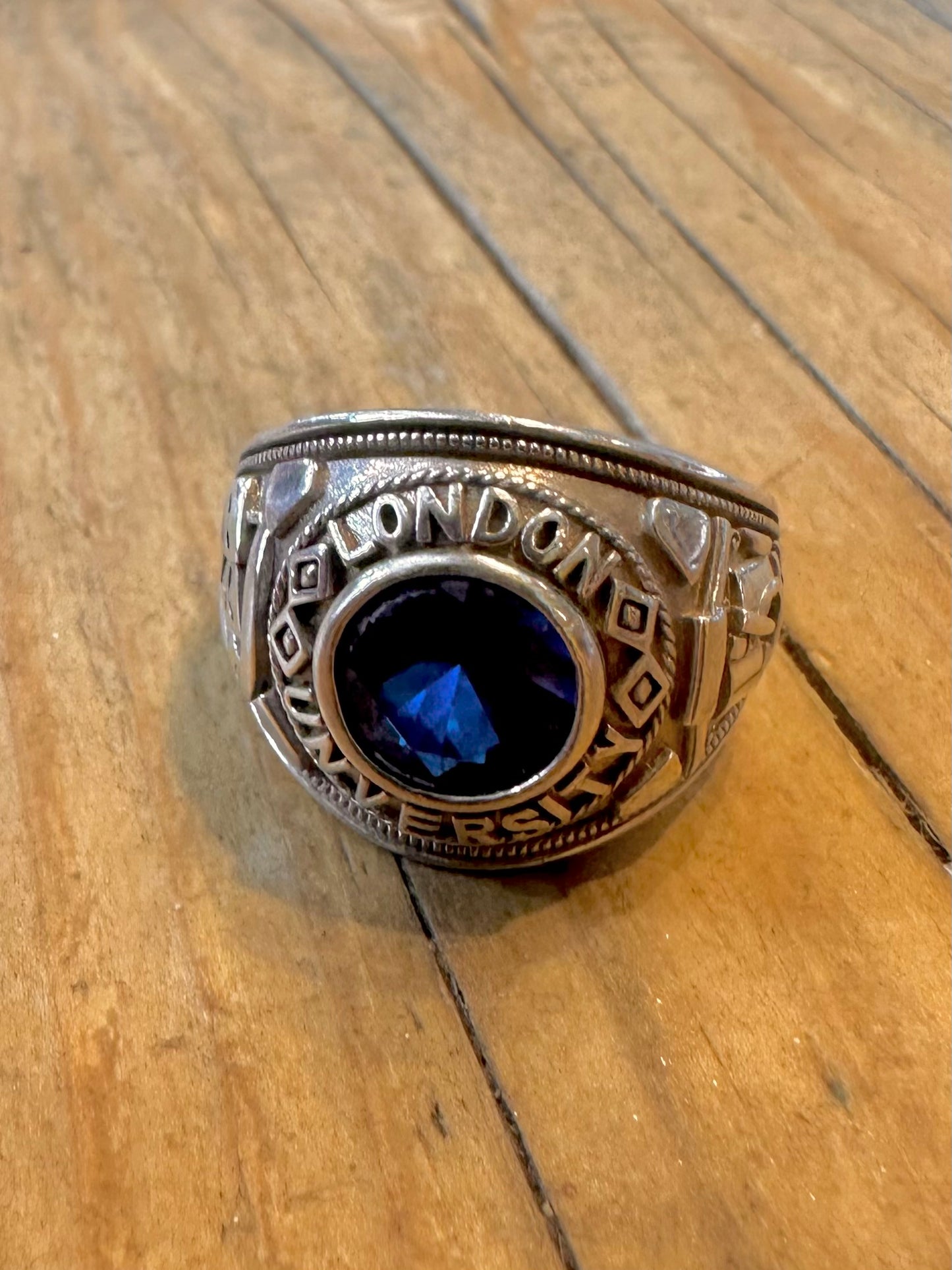 University London Blue Stone College Ring 925 Sterling Silver Size R Ring