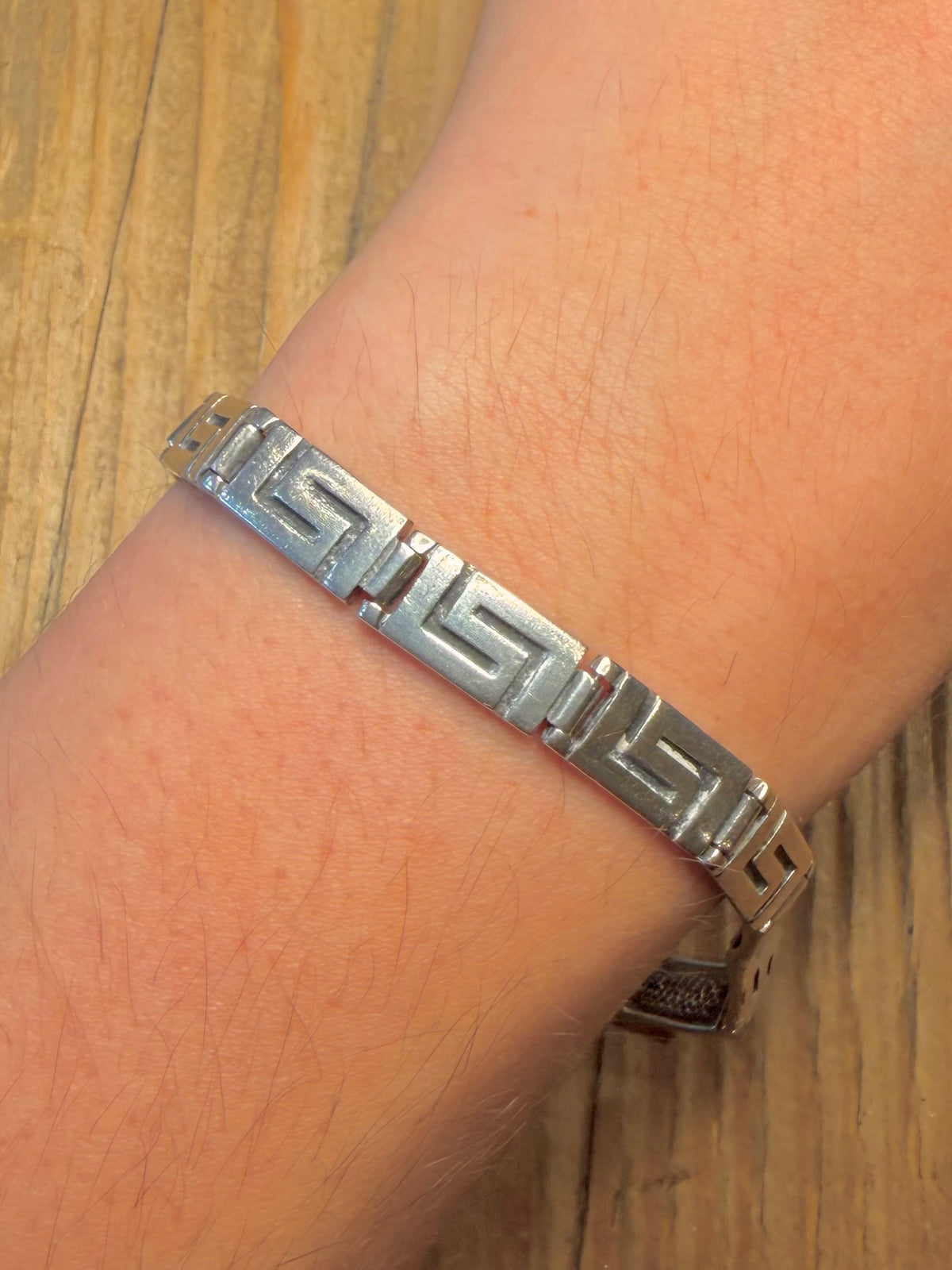 Greek Key Rectangle Link 925 Sterling Silver 8.75 inch Bracelet