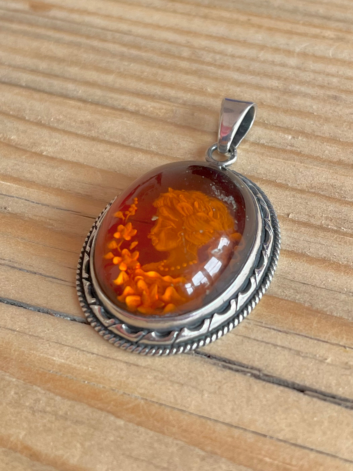 Large Oval Amber Flower Girl 925 Sterling Silver Pendant